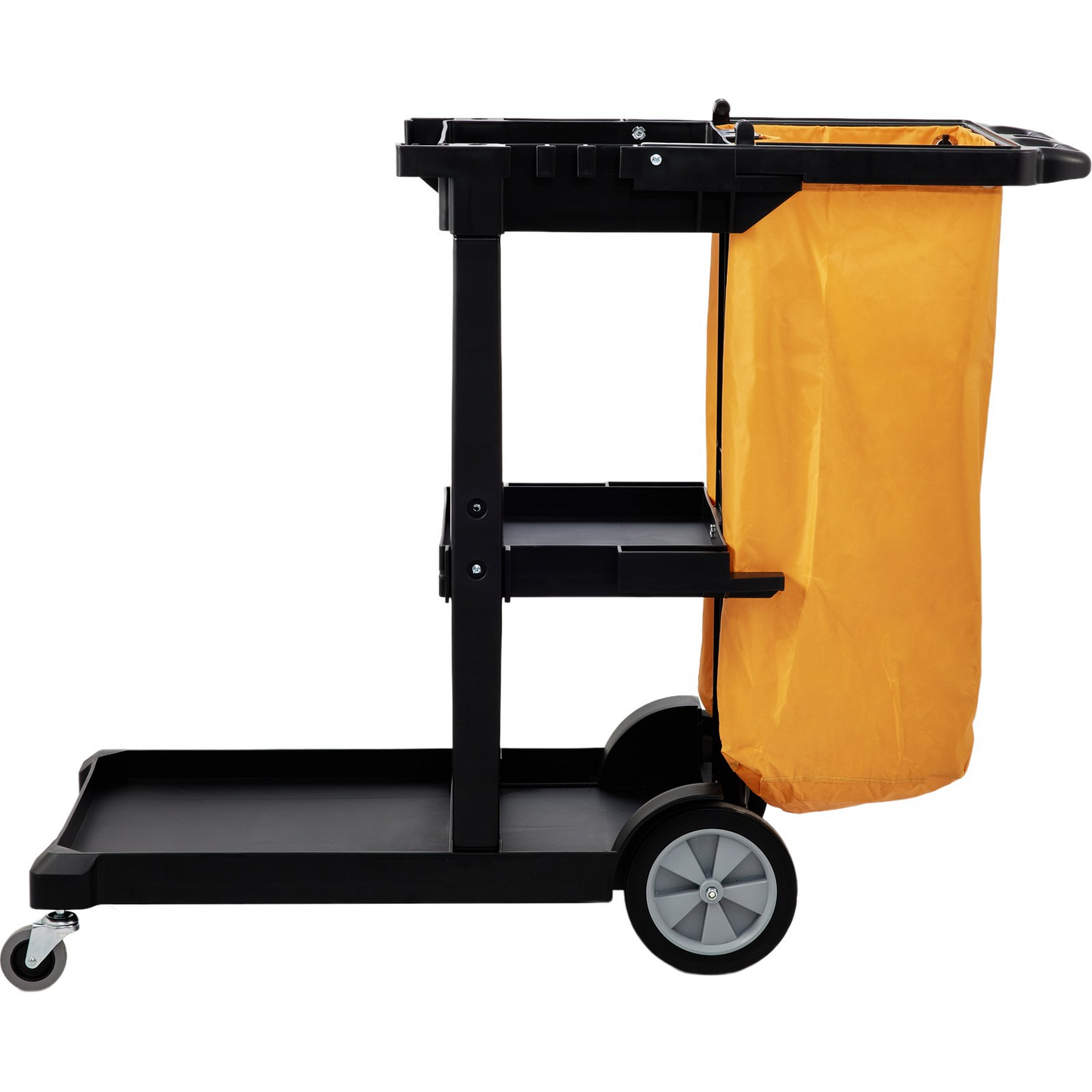 VEVOR Cleaning Cart, 3-Shelf Commercial Janitorial Cart, 200 lbs Capacity Plastic Housekeeping Cart, with 25 Gallon PVC Bag, 47 x 20 x 38.6in, Yellow&Black