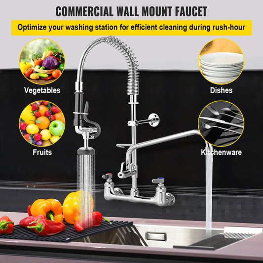 VEVOR Commercial Faucet Pre-Rinse with Sprayer, 8" Adjustable Center Wall Mount Kitchen Faucet with 12" Swivel Spout, 36" Height Compartment Sink Faucet for Industrial Restaurant, Lead-Free Brass