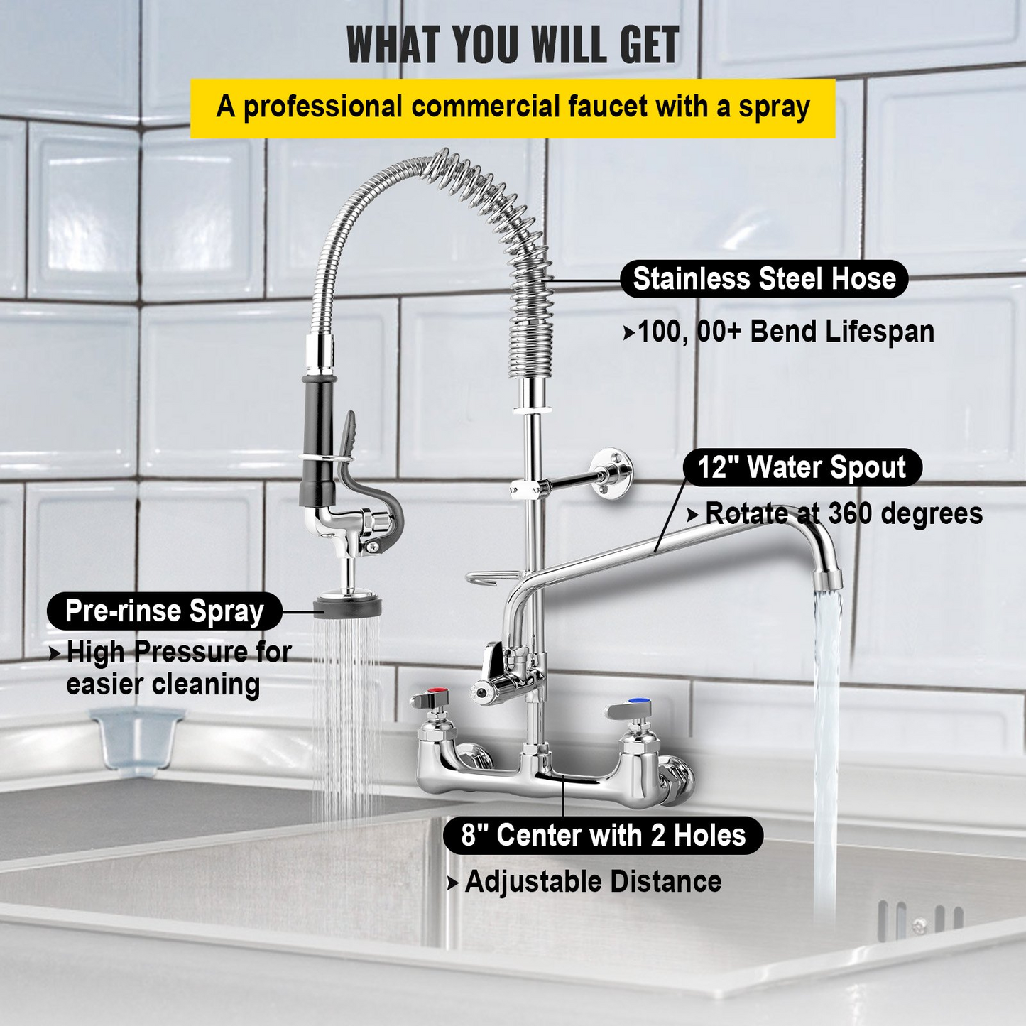 VEVOR Commercial Faucet Pre-Rinse with Sprayer, 8" Adjustable Center Wall Mount Kitchen Faucet with 12" Swivel Spout, 36" Height Compartment Sink Faucet for Industrial Restaurant, Lead-Free Brass