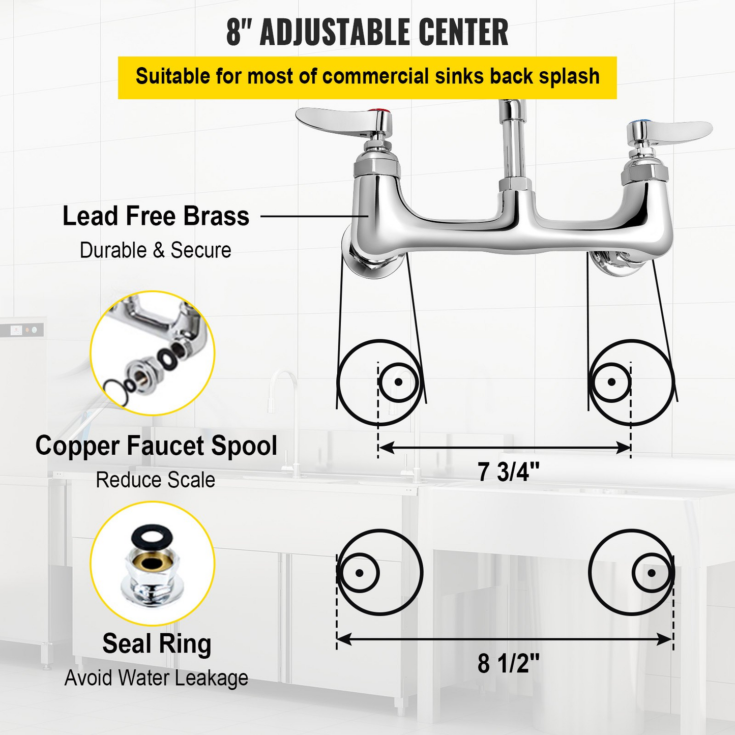 VEVOR Commercial Faucet Pre-Rinse with Sprayer, 8" Adjustable Center Wall Mount Kitchen Faucet with 12" Swivel Spout, 36" Height Compartment Sink Faucet for Industrial Restaurant, Lead-Free Brass
