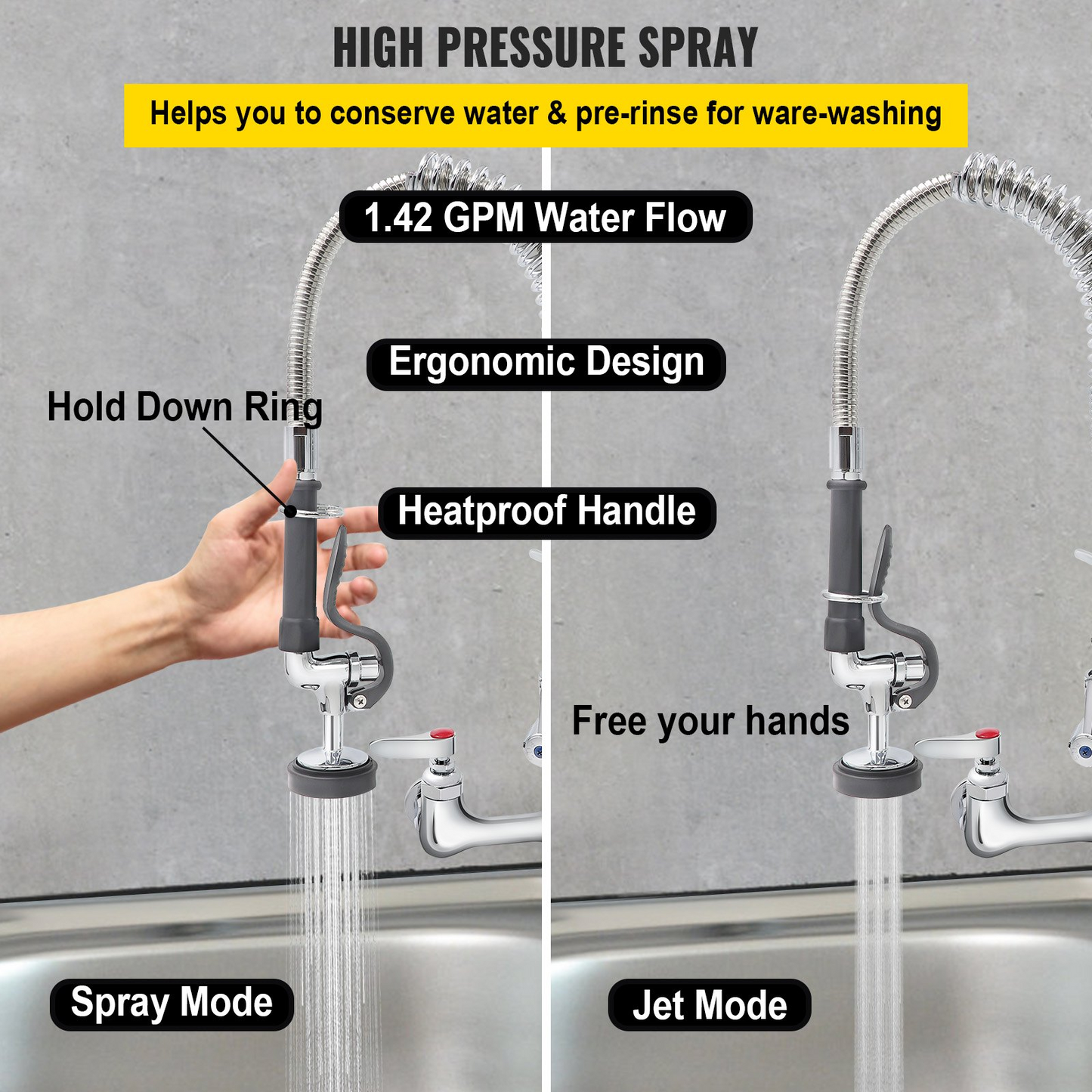 VEVOR Commercial Faucet Pre-Rinse with Sprayer, 8" Adjustable Center Wall Mount Kitchen Faucet with 12" Swivel Spout, 36" Height Compartment Sink Faucet for Industrial Restaurant, Lead-Free Brass