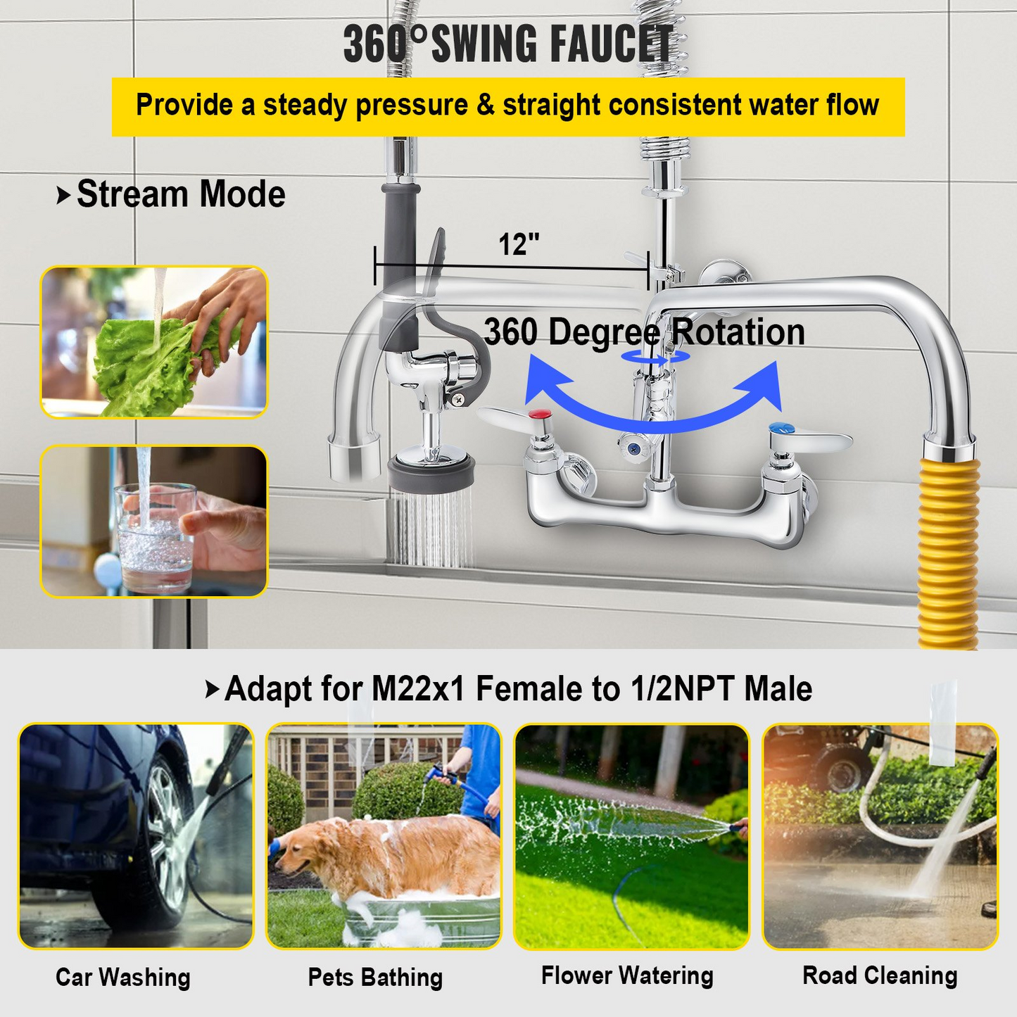 VEVOR Commercial Faucet Pre-Rinse with Sprayer, 8" Adjustable Center Wall Mount Kitchen Faucet with 12" Swivel Spout, 36" Height Compartment Sink Faucet for Industrial Restaurant, Lead-Free Brass