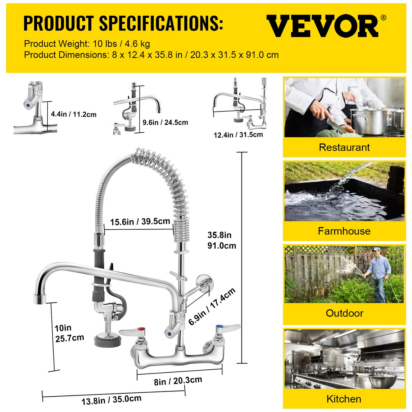 VEVOR Commercial Faucet Pre-Rinse with Sprayer, 8" Adjustable Center Wall Mount Kitchen Faucet with 12" Swivel Spout, 36" Height Compartment Sink Faucet for Industrial Restaurant, Lead-Free Brass
