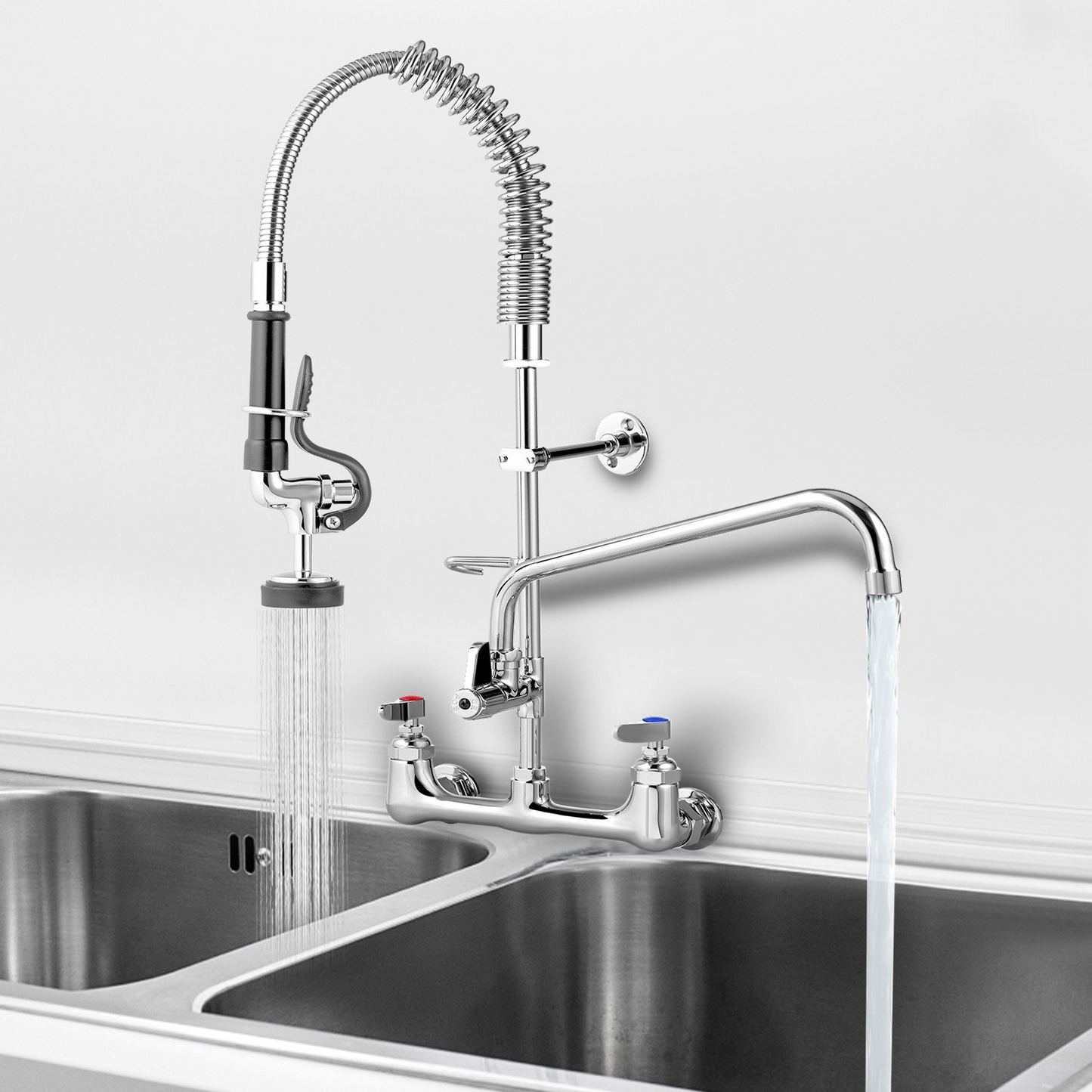 VEVOR Commercial Faucet Pre-Rinse with Sprayer, 8" Adjustable Center Wall Mount Kitchen Faucet with 12" Swivel Spout, 36" Height Compartment Sink Faucet for Industrial Restaurant, Lead-Free Brass
