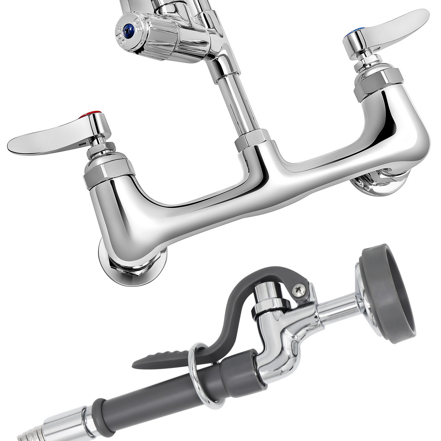 VEVOR Commercial Faucet Pre-Rinse with Sprayer, 8" Adjustable Center Wall Mount Kitchen Faucet with 12" Swivel Spout, 36" Height Compartment Sink Faucet for Industrial Restaurant, Lead-Free Brass