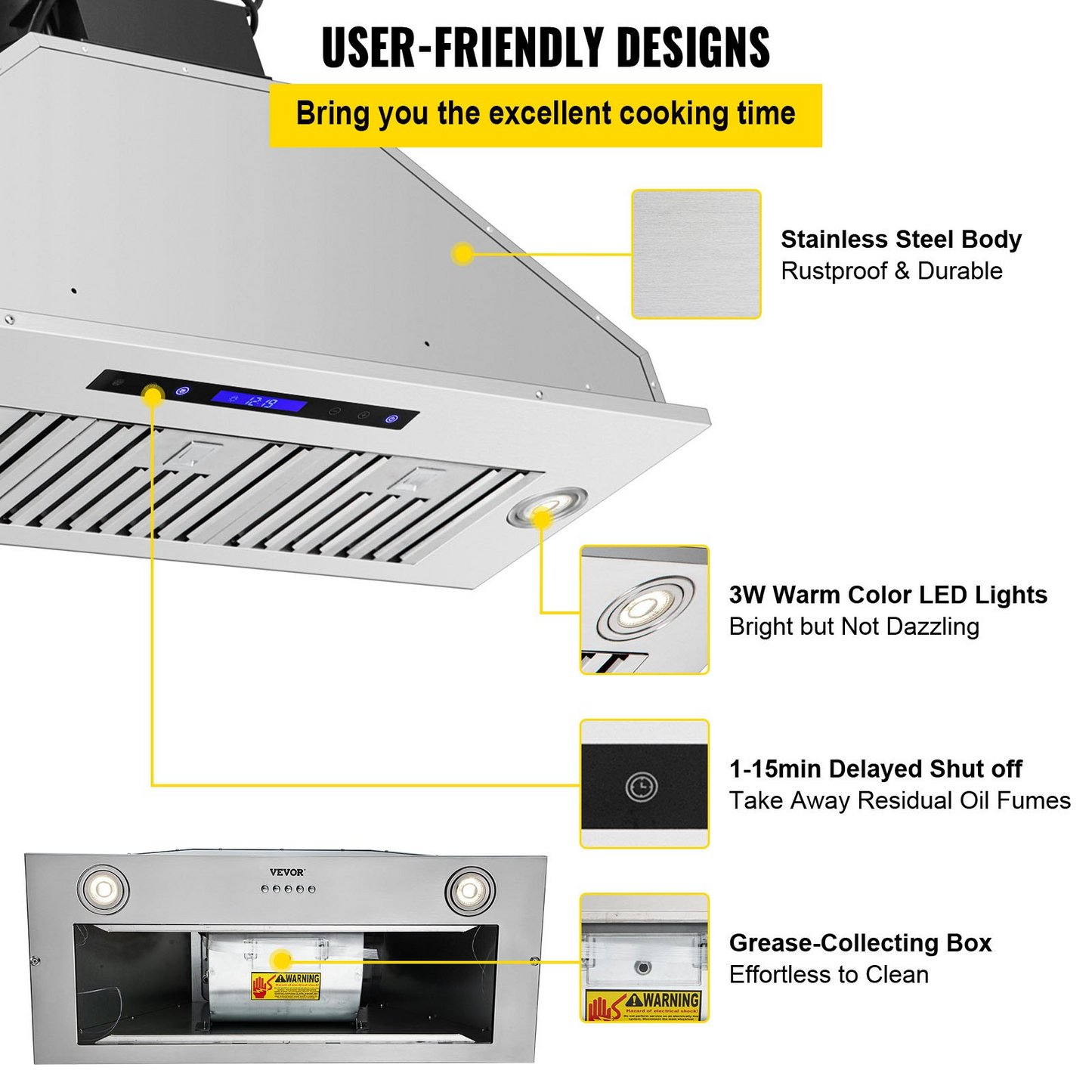 VEVOR Insert Range Hood, 900CFM 4-Speed, 36 Inch Stainless Steel Built-in Kitchen Vent with Touch & Remote Control LED Lights Baffle Filters, Ducted/Ductless Convertible, ETL Listed