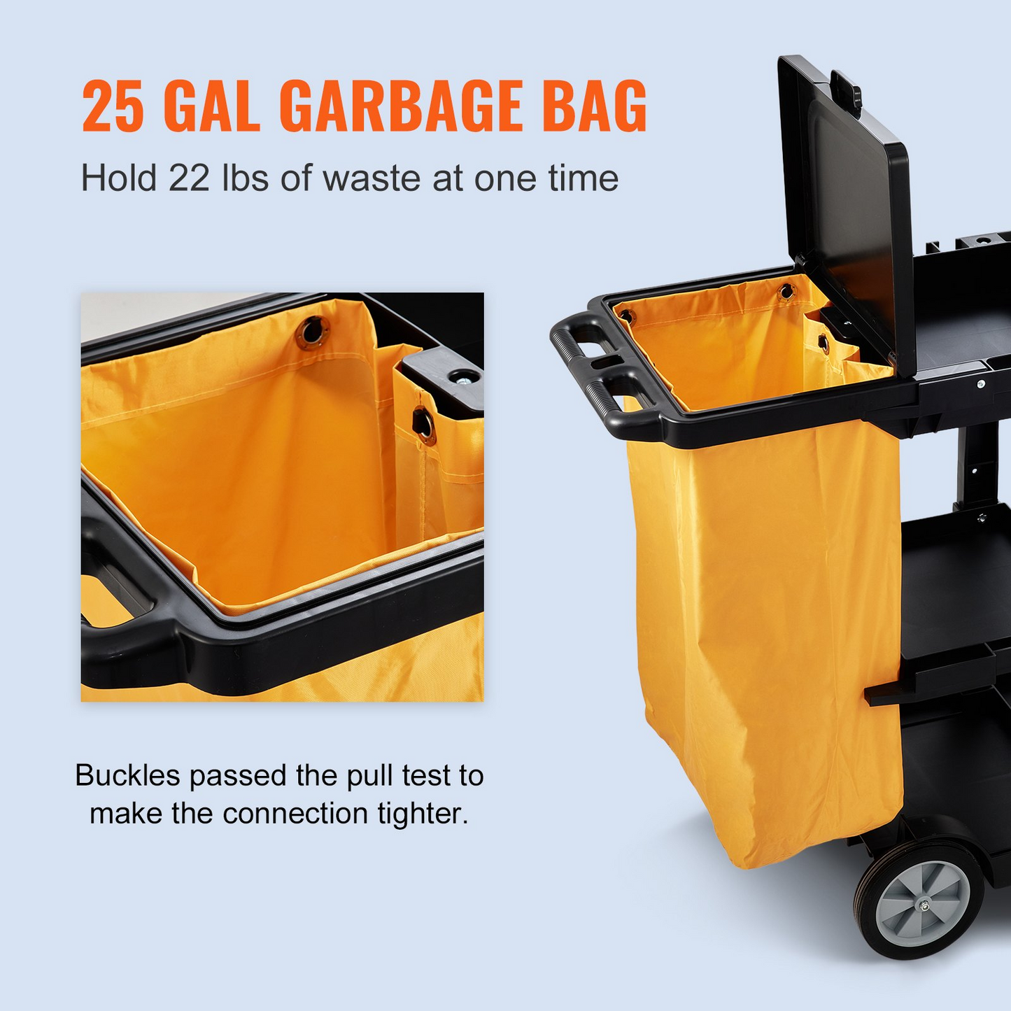 VEVOR Cleaning Cart, 3-Shelf Commercial Janitorial Cart, 200 lbs Capacity Plastic Housekeeping Cart, with 25 Gallon PVC Bag and Cover, 47 x 20 x 38.6in, Yellow&Black