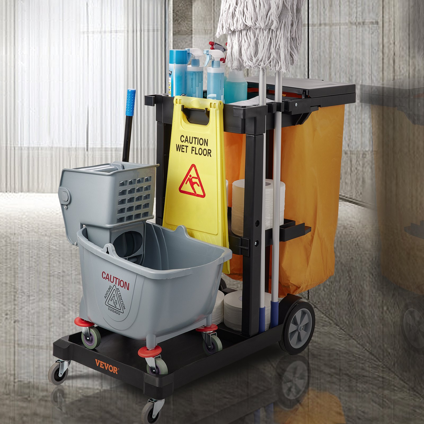 VEVOR Cleaning Cart, 3-Shelf Commercial Janitorial Cart, 200 lbs Capacity Plastic Housekeeping Cart, with 25 Gallon PVC Bag and Cover, 47 x 20 x 38.6in, Yellow&Black