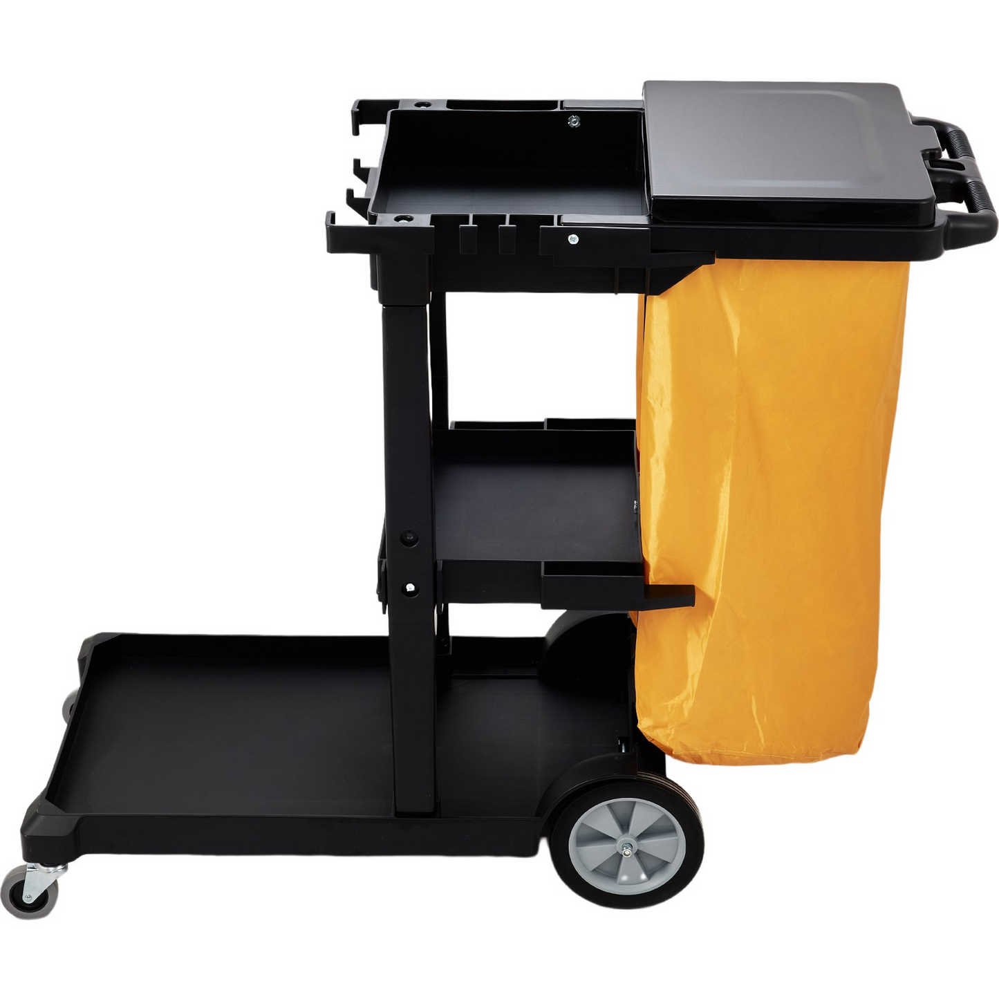 VEVOR Cleaning Cart, 3-Shelf Commercial Janitorial Cart, 200 lbs Capacity Plastic Housekeeping Cart, with 25 Gallon PVC Bag and Cover, 47 x 20 x 38.6in, Yellow&Black