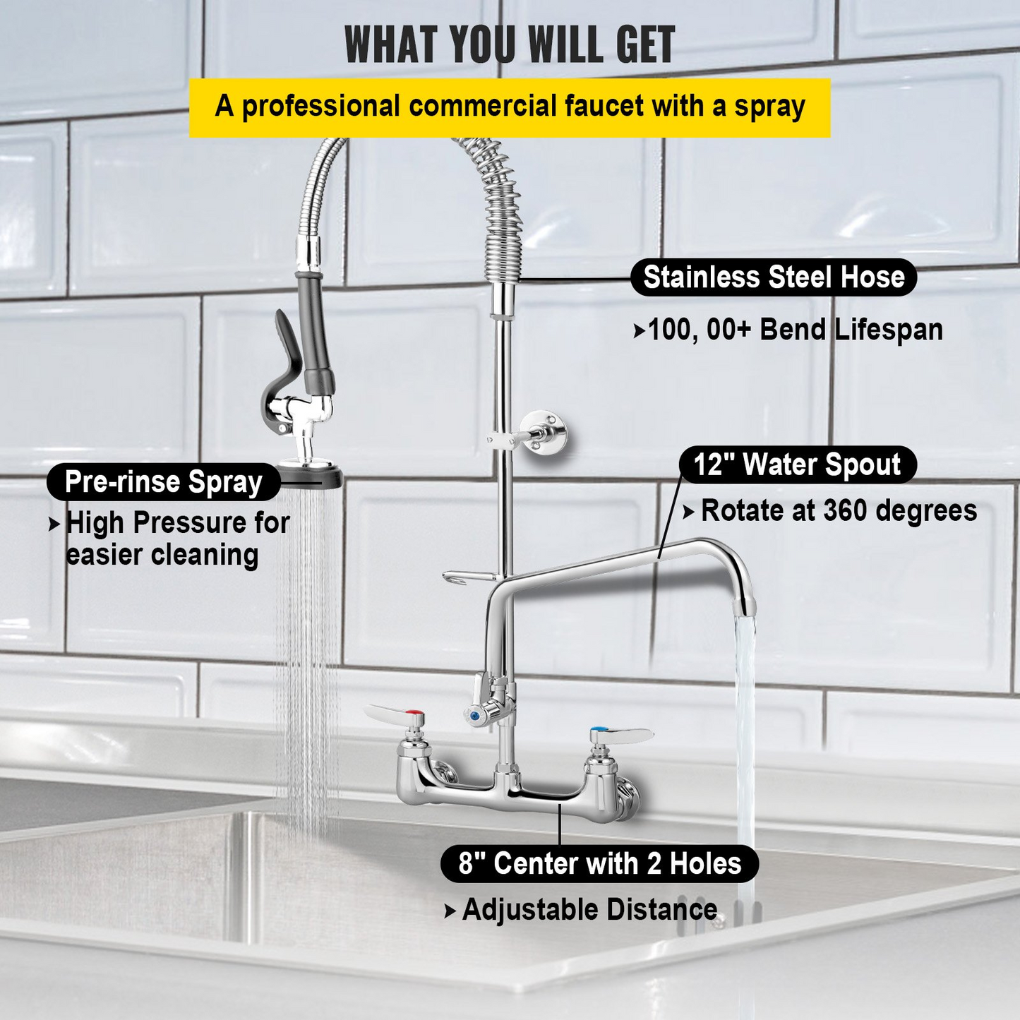 VEVOR Commercial Faucet with Pre-Rinse Sprayer, 8" Adjustable Center Wall Mount Kitchen Faucet with 12" Swivel Spout, 43" Height Compartment Sink Faucet for Industrial Restaurant, Lead-Free Brass