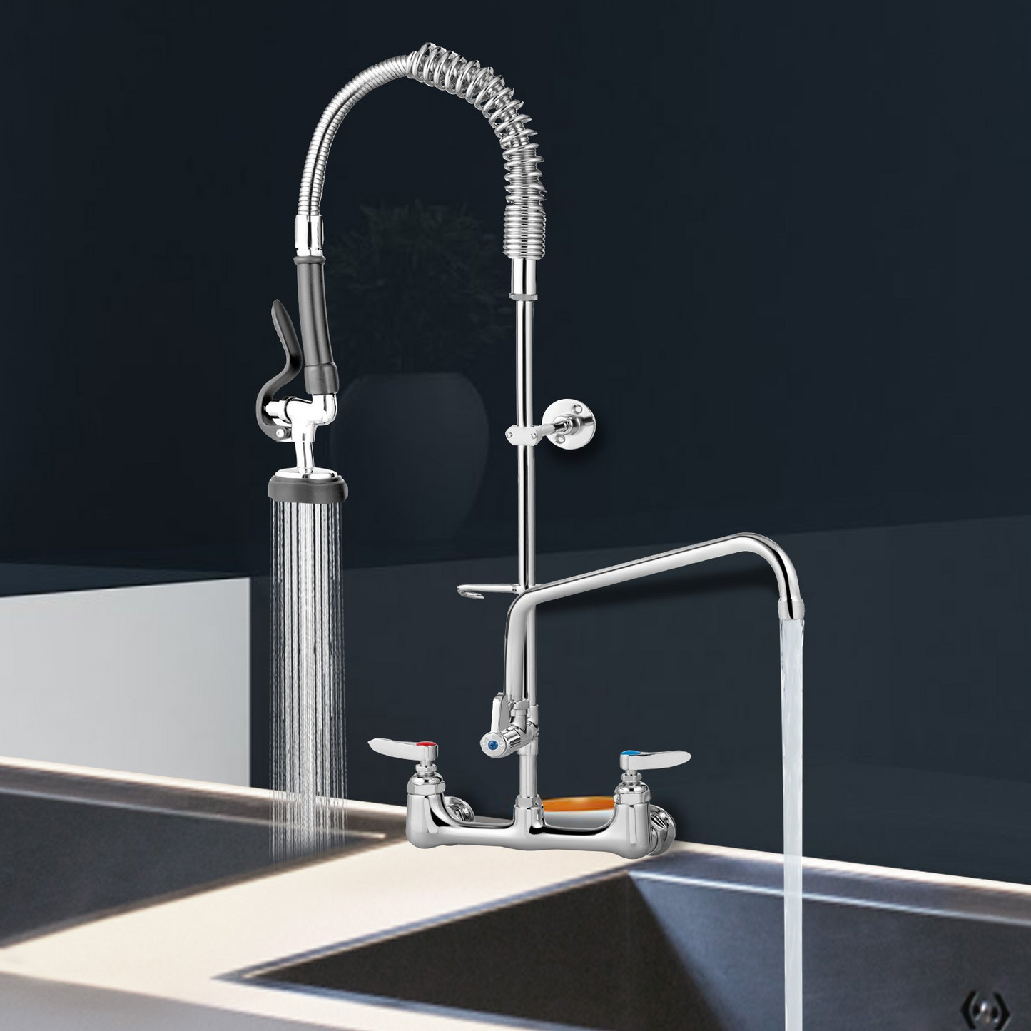 VEVOR Commercial Faucet with Pre-Rinse Sprayer, 8" Adjustable Center Wall Mount Kitchen Faucet with 12" Swivel Spout, 43" Height Compartment Sink Faucet for Industrial Restaurant, Lead-Free Brass