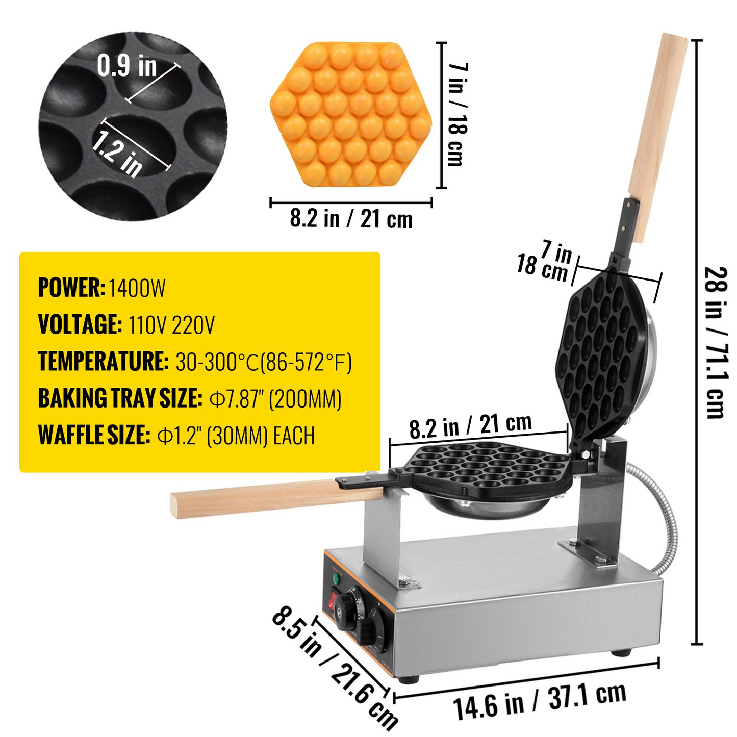 VEVOR Commercial Bubble Waffle Maker, 1400W Egg Bubble Puff Iron w/ 180° Rotatable 2 Pans & Wooden Handles, Stainless Steel Baker w/ Non-Stick Teflon Coating, 50-250℃/122-482℉ Adjustable
