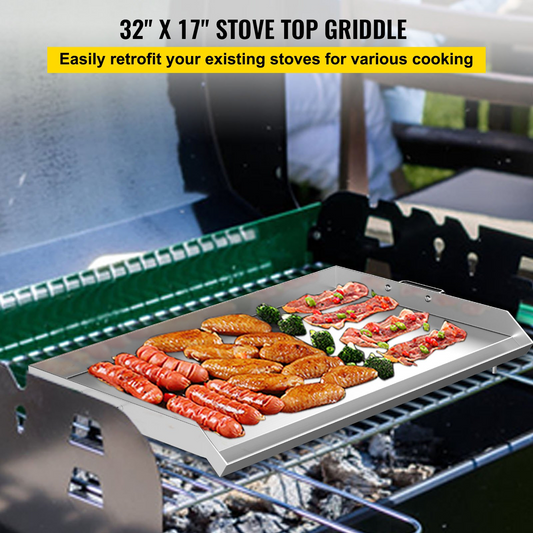 VEVOR Stainless Steel Griddle,32" X 17" Universal Flat Top Rectangular Plate , BBQ Charcoal/Gas Grill with 2 Handles and Grease Groove with Hole,Grills for Camping, Tailgating and Parties .