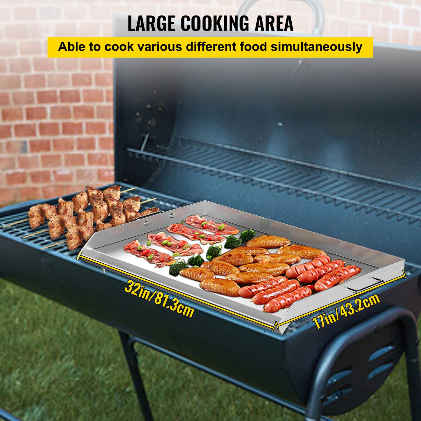 VEVOR Stainless Steel Griddle,32" X 17" Universal Flat Top Rectangular Plate , BBQ Charcoal/Gas Grill with 2 Handles and Grease Groove with Hole,Grills for Camping, Tailgating and Parties .