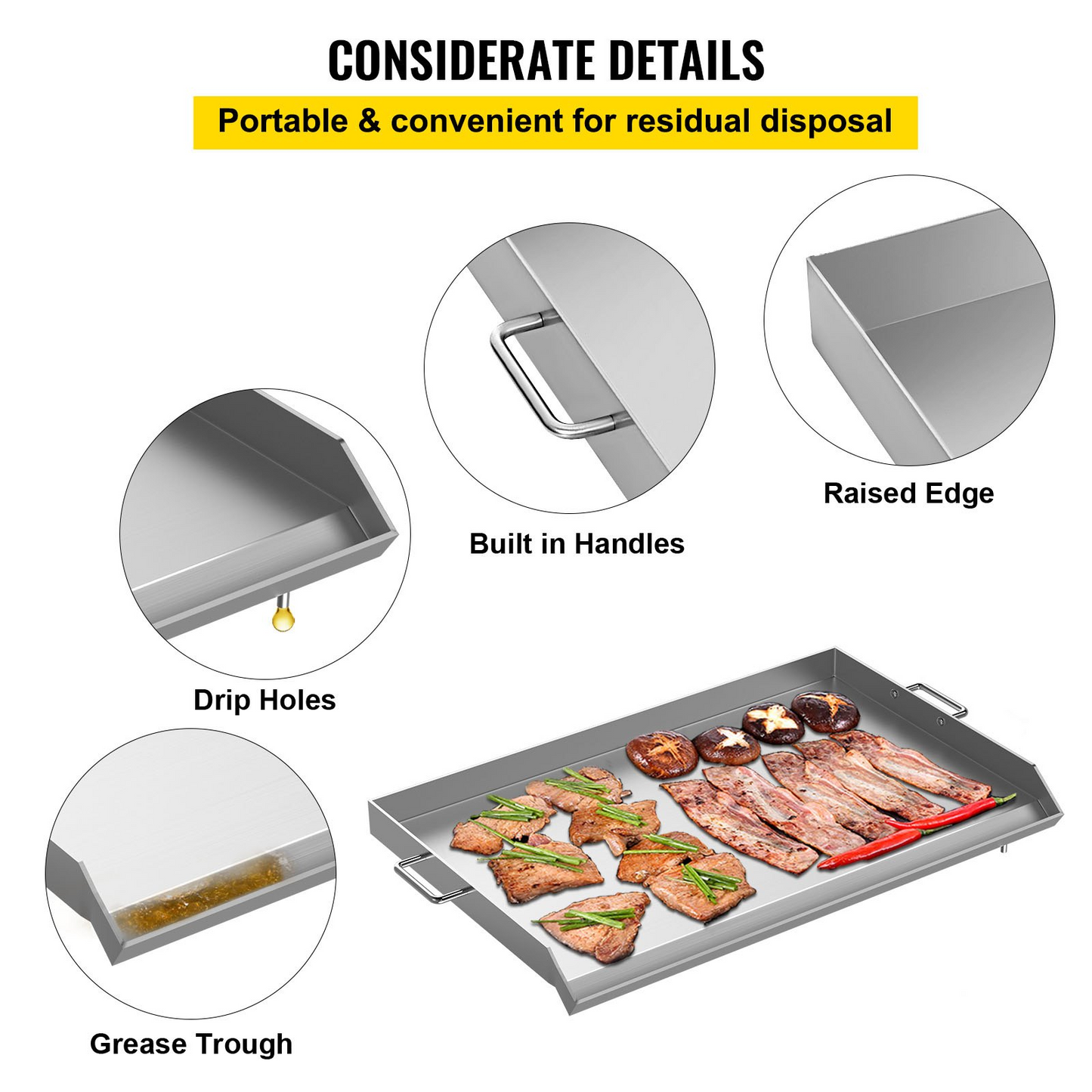 VEVOR Stainless Steel Griddle,32" X 17" Universal Flat Top Rectangular Plate , BBQ Charcoal/Gas Grill with 2 Handles and Grease Groove with Hole,Grills for Camping, Tailgating and Parties .