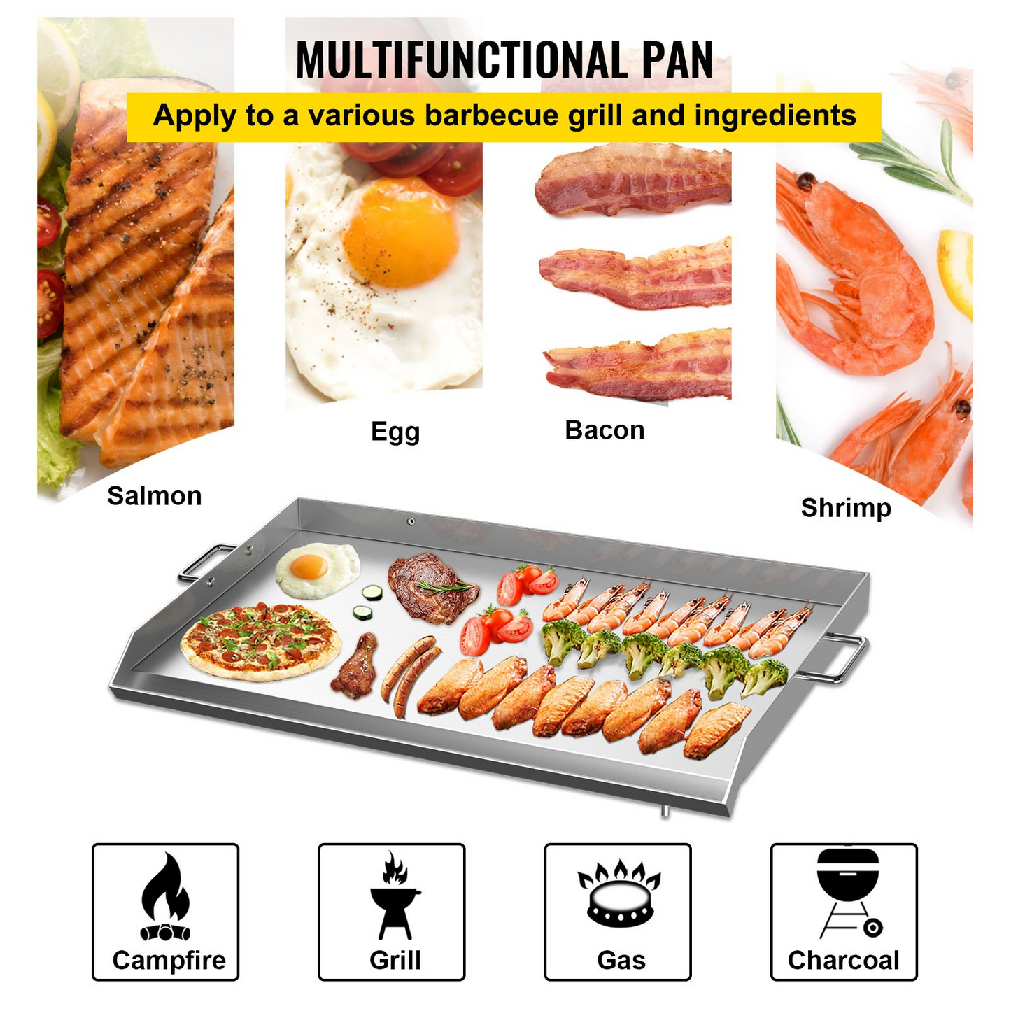 VEVOR Stainless Steel Griddle,32" X 17" Universal Flat Top Rectangular Plate , BBQ Charcoal/Gas Grill with 2 Handles and Grease Groove with Hole,Grills for Camping, Tailgating and Parties .
