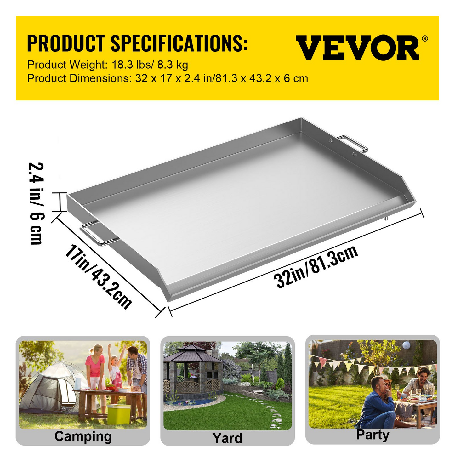 VEVOR Stainless Steel Griddle,32" X 17" Universal Flat Top Rectangular Plate , BBQ Charcoal/Gas Grill with 2 Handles and Grease Groove with Hole,Grills for Camping, Tailgating and Parties .