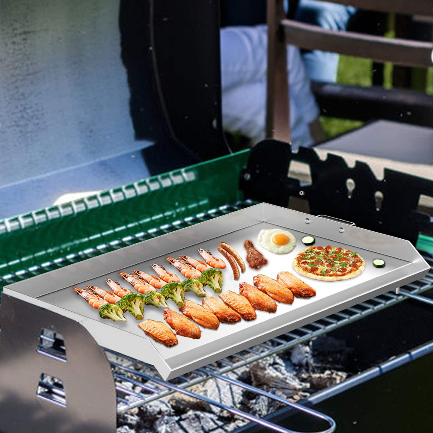 VEVOR Stainless Steel Griddle,32" X 17" Universal Flat Top Rectangular Plate , BBQ Charcoal/Gas Grill with 2 Handles and Grease Groove with Hole,Grills for Camping, Tailgating and Parties .