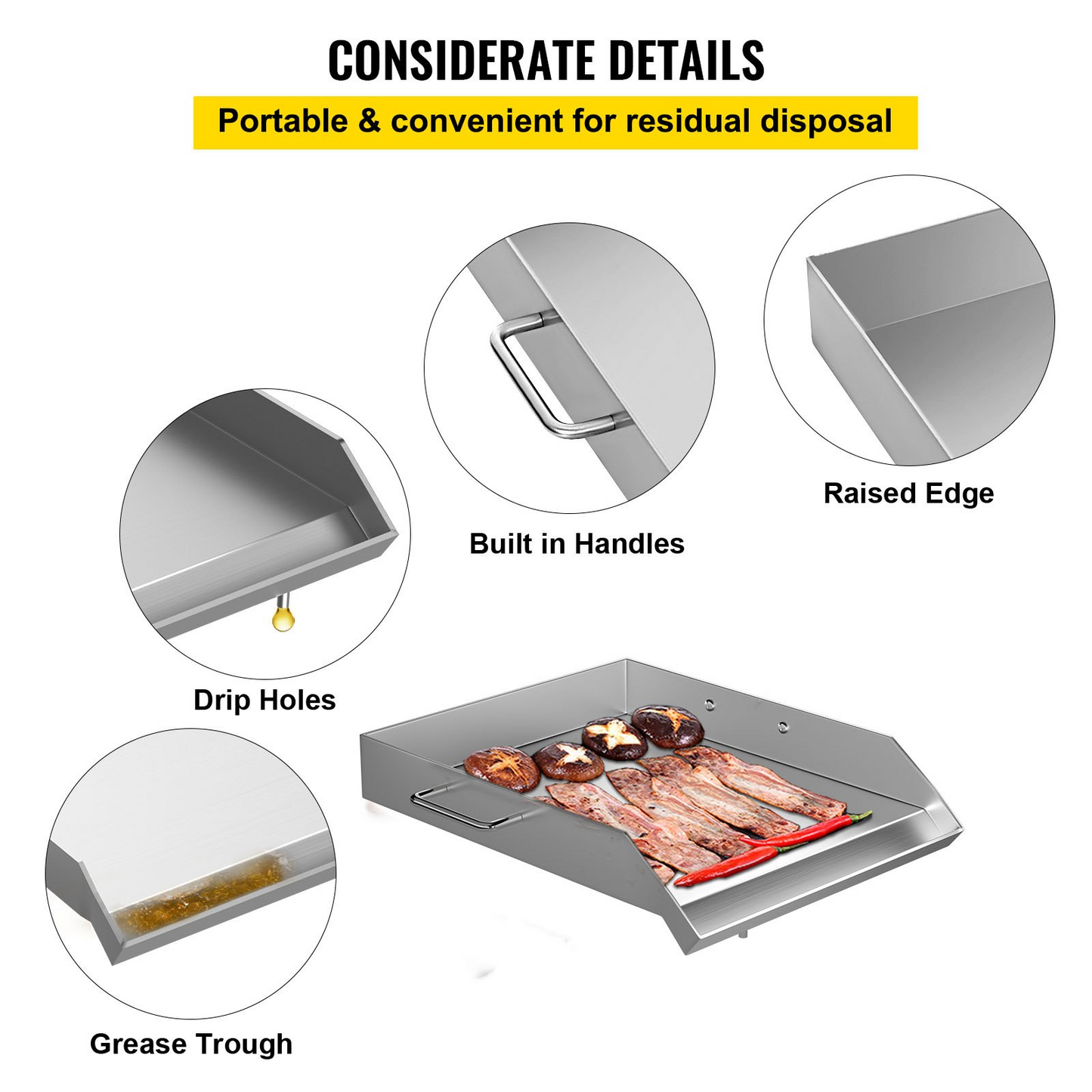 VEVOR Stainless Steel Griddle,18" X 16" Universal Flat Top Rectangular Plate, BBQ Charcoal/Gas Grill with 2 Handles and Grease Groove with Hole,Grills for Camping, Tailgating and Parties