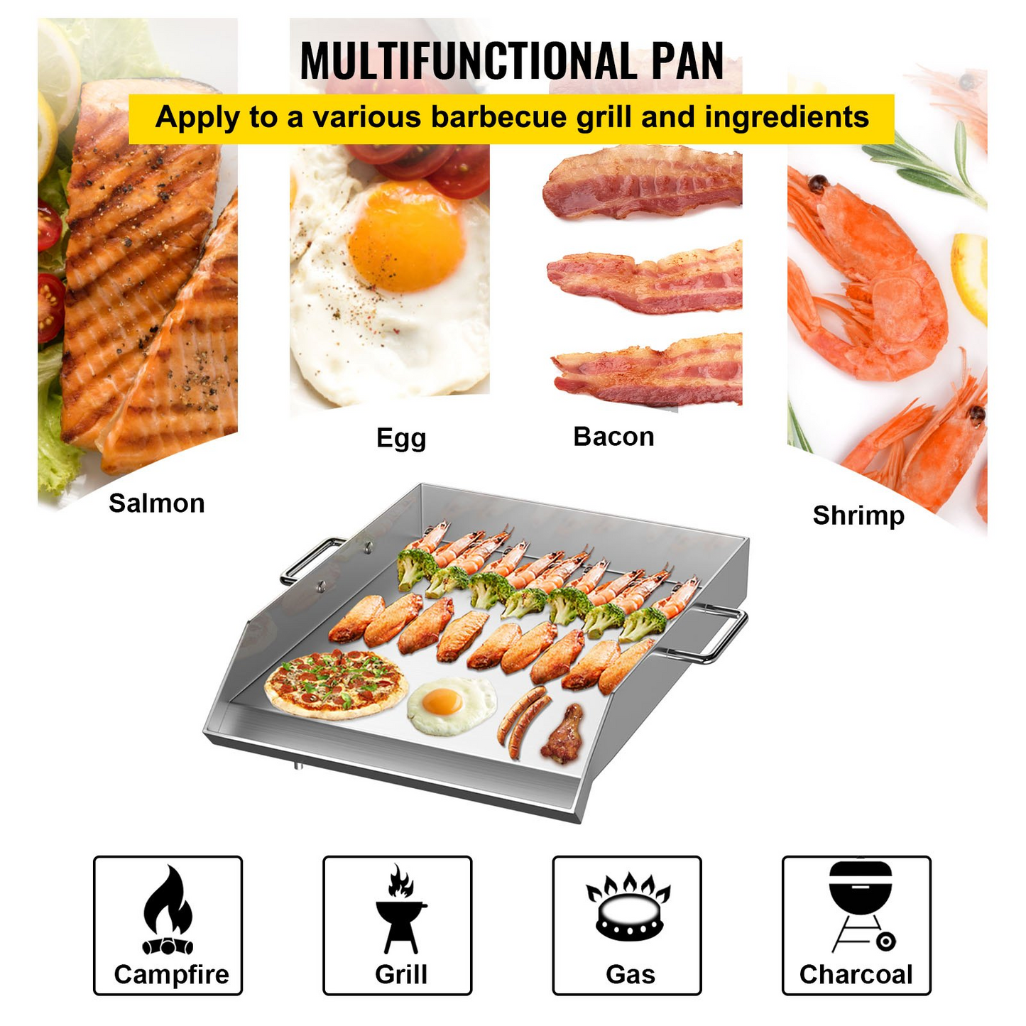 VEVOR Stainless Steel Griddle,18" X 16" Universal Flat Top Rectangular Plate, BBQ Charcoal/Gas Grill with 2 Handles and Grease Groove with Hole,Grills for Camping, Tailgating and Parties