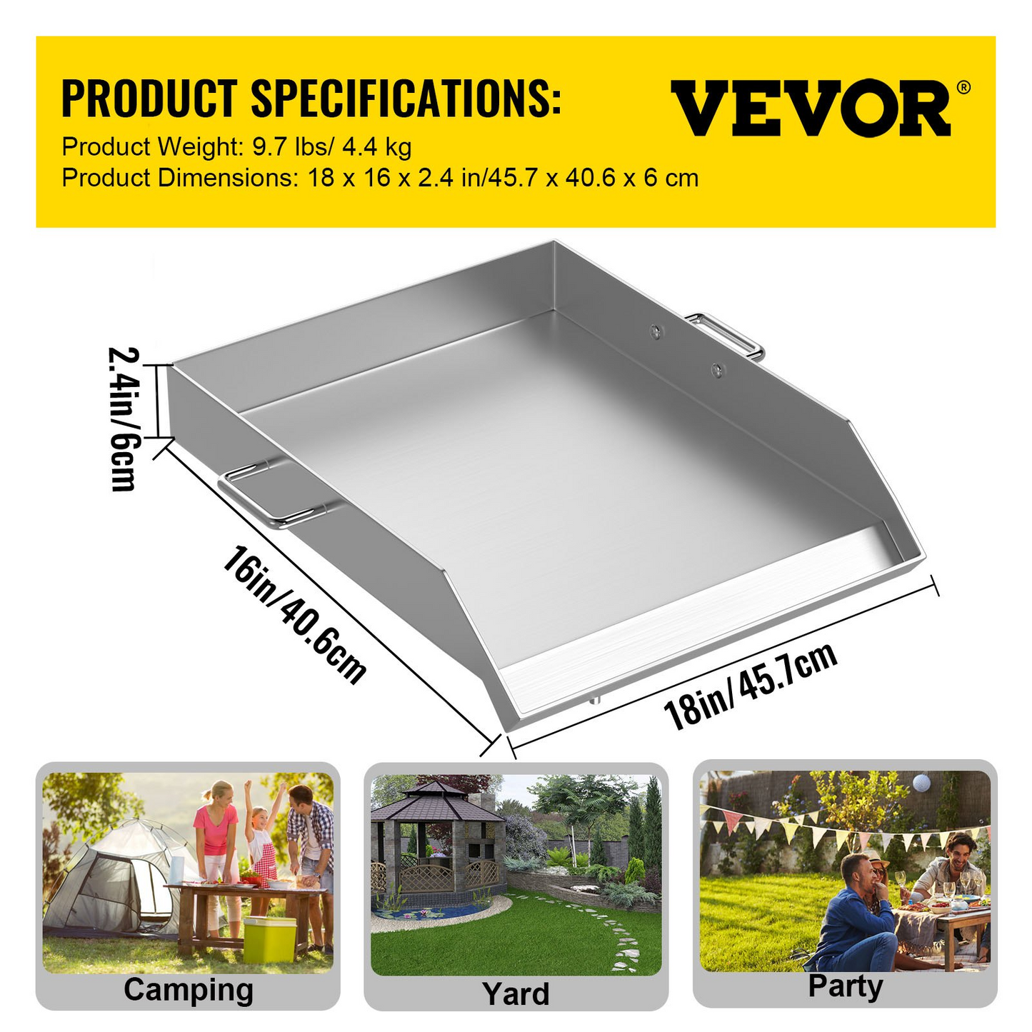 VEVOR Stainless Steel Griddle,18" X 16" Universal Flat Top Rectangular Plate, BBQ Charcoal/Gas Grill with 2 Handles and Grease Groove with Hole,Grills for Camping, Tailgating and Parties