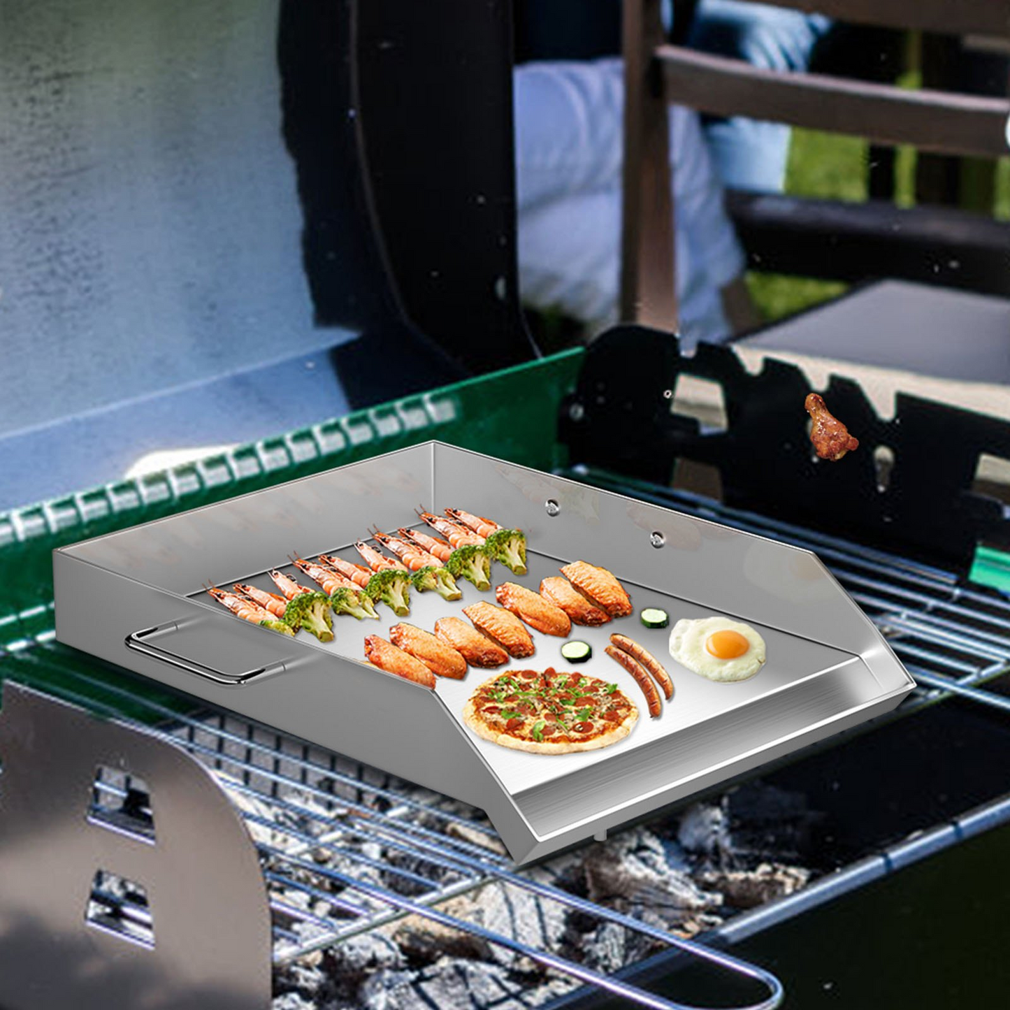 VEVOR Stainless Steel Griddle,18" X 16" Universal Flat Top Rectangular Plate, BBQ Charcoal/Gas Grill with 2 Handles and Grease Groove with Hole,Grills for Camping, Tailgating and Parties