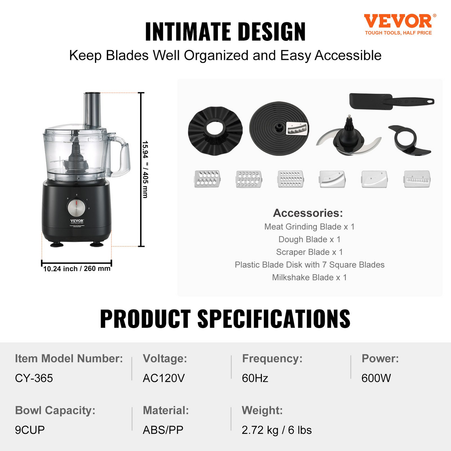 VEVOR Food Processor, 9-Cup Vegetable Chopper for Chopping, Slicing, Shredding, Puree, and Kneading, 600 Watts Stainless Steel Blade Professional Electric Food Chopper, Easy Assembly & Clean, Black