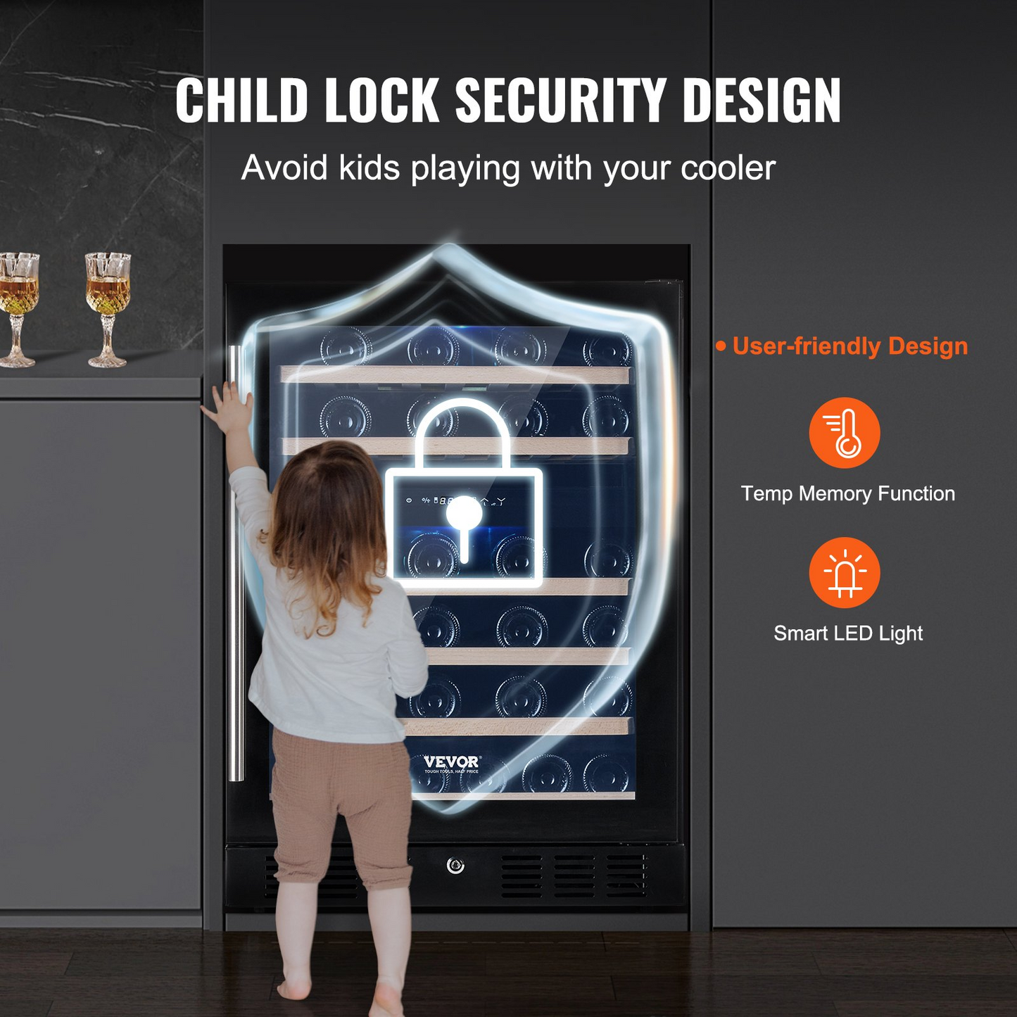 VEVOR Wine Cooler, 46 Bottles Under Counter Built-in or Freestanding Wine Refrigerator, Dual Zone Beverage Cooler with Blue LED Light, Single Door, Child Lock for Beer Soda Wine Water, ETL Listed