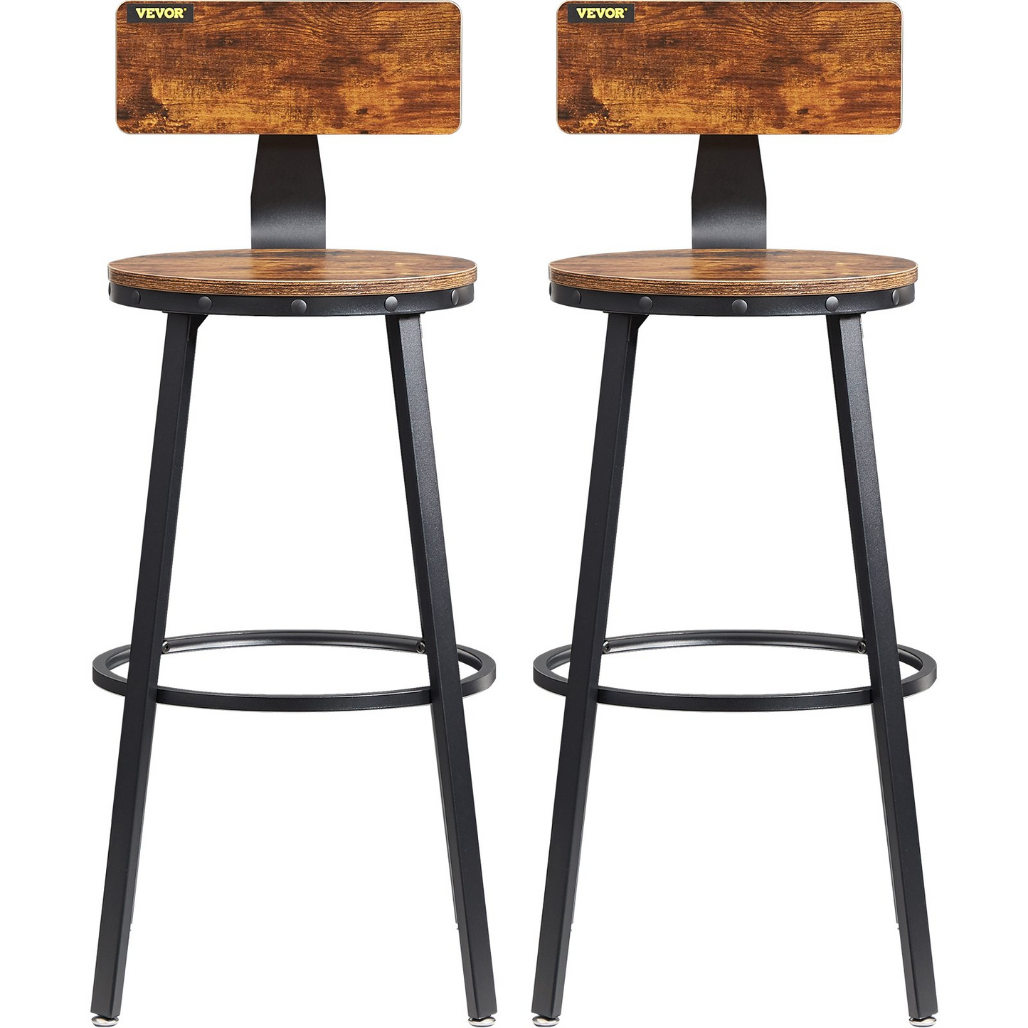 VEVOR Rustic Bar Stools Counter Height Round Bar Chairs with Backrest 29" 2 Set