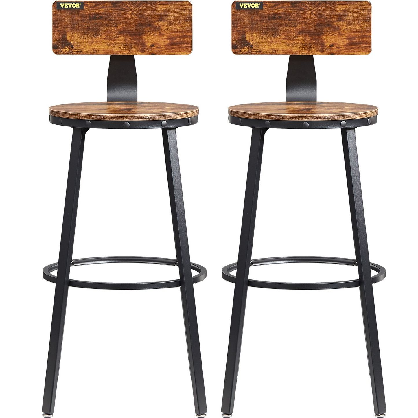 VEVOR Rustic Bar Stools Counter Height Round Bar Chairs with Backrest 29" 2 Set