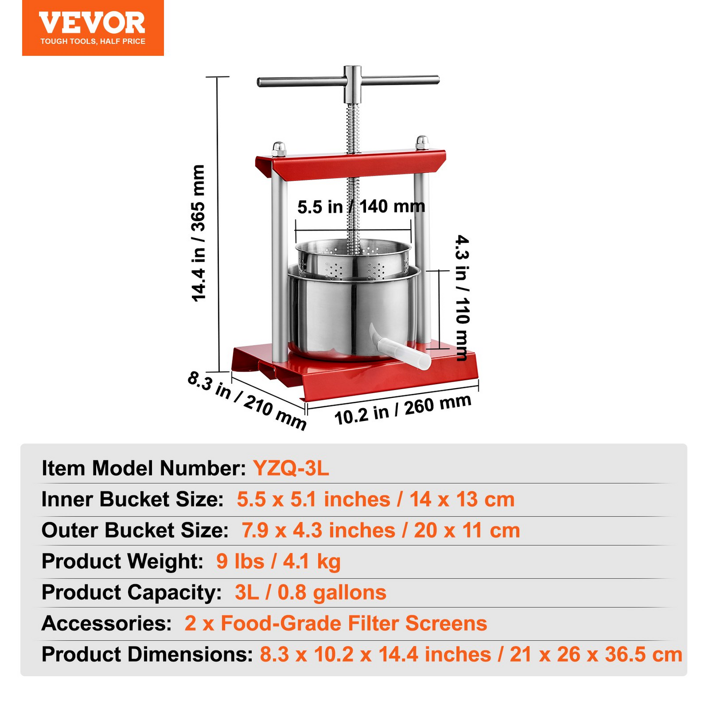 VEVOR Fruit Wine Press, 0.8 Gallon/3L, 2 Stainless Steel Barrels, Manual Juice Maker, Cider Apple Grape Tincture Vegetables Honey Olive Oil Making Press with T-Handle for Outdoor, Kitchen, and Home