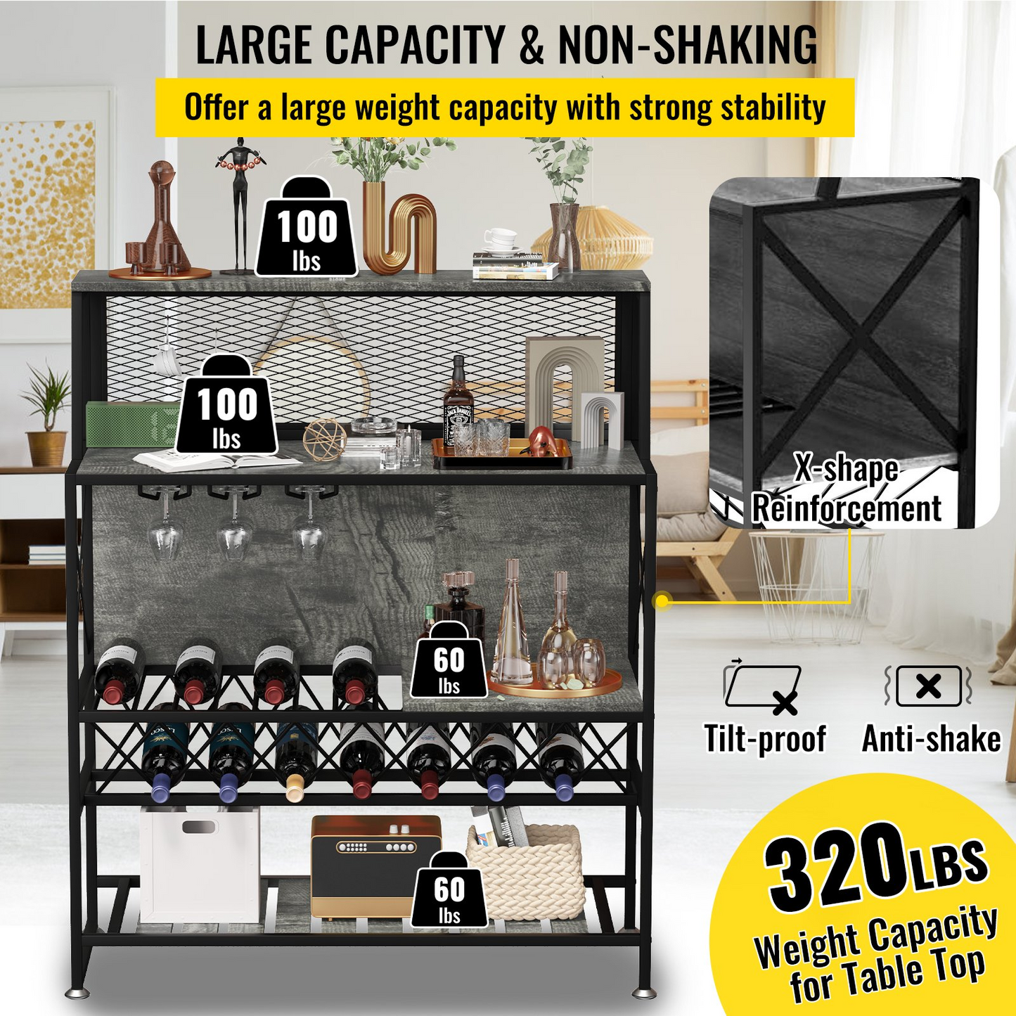 VEVOR Wine Rack Home Bar Table, Industrial Liquor Storage Cabinets with Glass Holder, Bakers Rack Freestanding with Large Capacity for Home Kitchen Dining Room, Hold 12 Bottles of Wine (Gray)