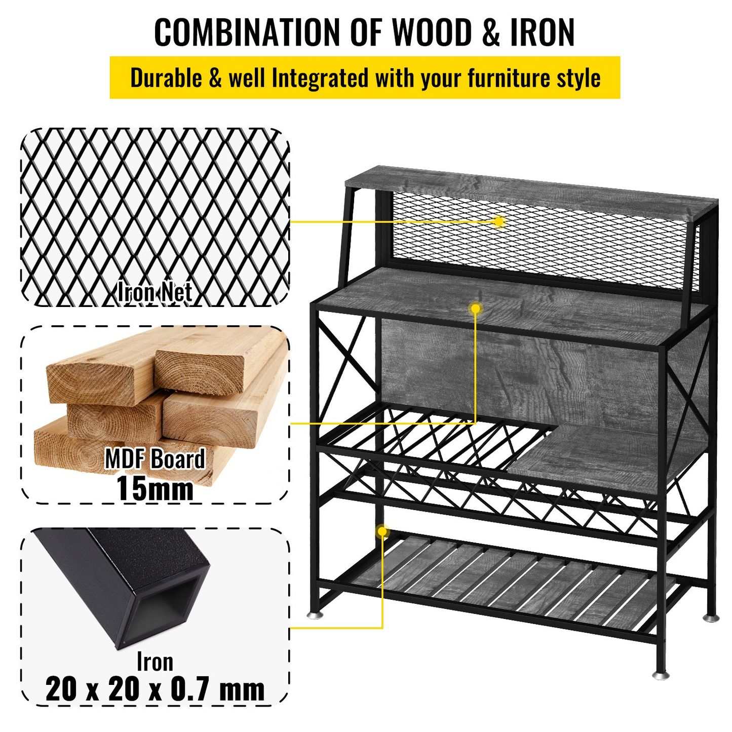 VEVOR Wine Rack Home Bar Table, Industrial Liquor Storage Cabinets with Glass Holder, Bakers Rack Freestanding with Large Capacity for Home Kitchen Dining Room, Hold 12 Bottles of Wine (Gray)