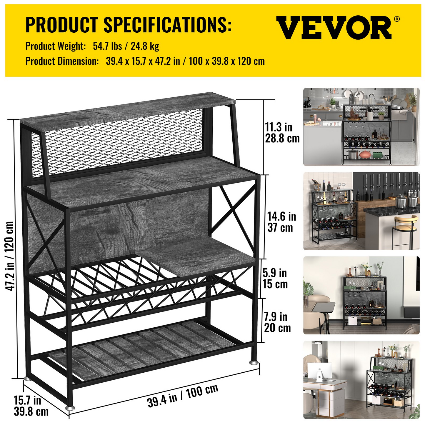 VEVOR Wine Rack Home Bar Table, Industrial Liquor Storage Cabinets with Glass Holder, Bakers Rack Freestanding with Large Capacity for Home Kitchen Dining Room, Hold 12 Bottles of Wine (Gray)