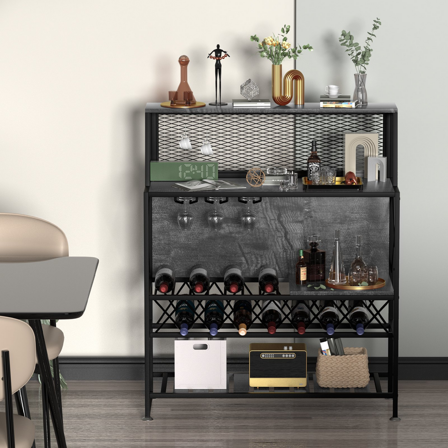 VEVOR Wine Rack Home Bar Table, Industrial Liquor Storage Cabinets with Glass Holder, Bakers Rack Freestanding with Large Capacity for Home Kitchen Dining Room, Hold 12 Bottles of Wine (Gray)