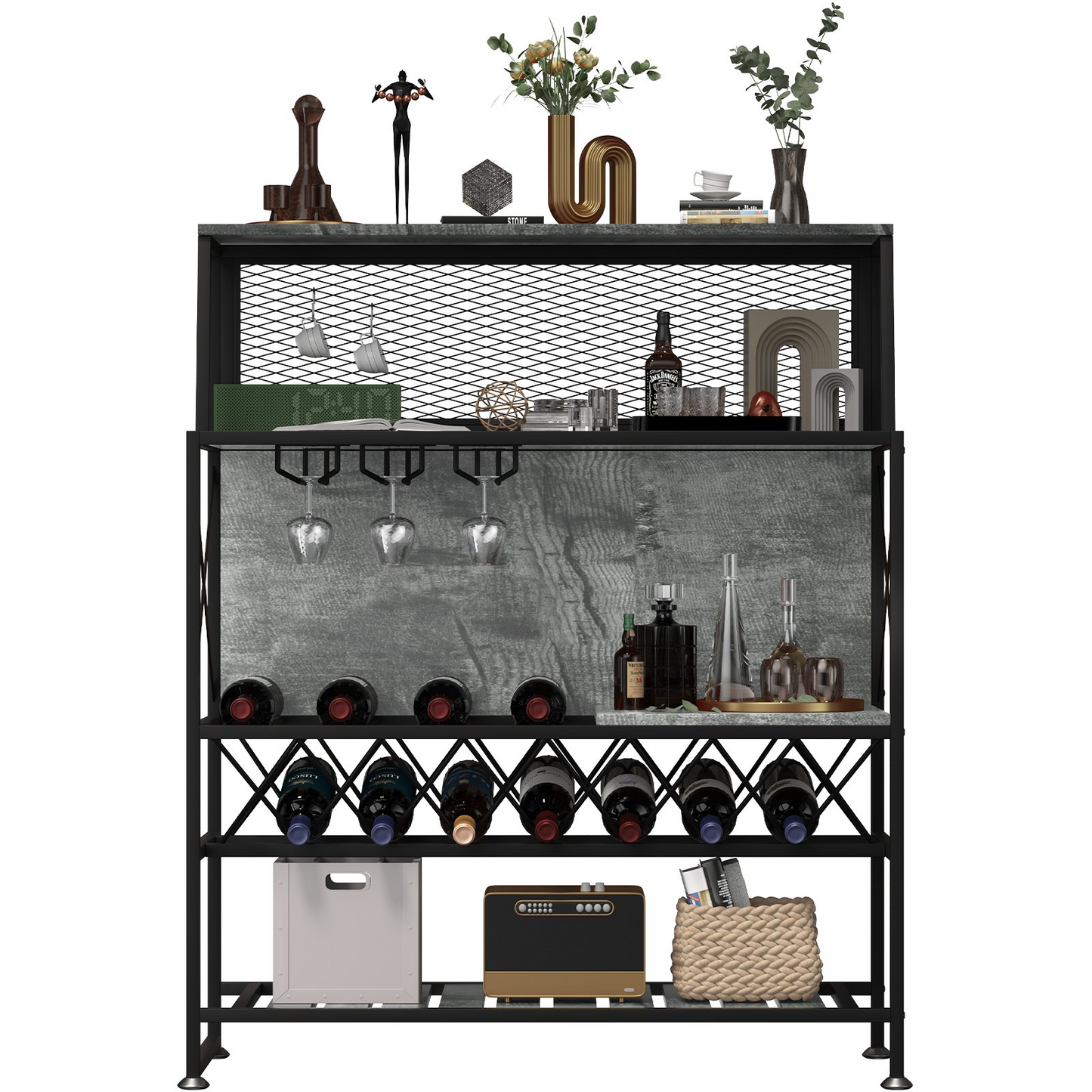 VEVOR Wine Rack Home Bar Table, Industrial Liquor Storage Cabinets with Glass Holder, Bakers Rack Freestanding with Large Capacity for Home Kitchen Dining Room, Hold 12 Bottles of Wine (Gray)