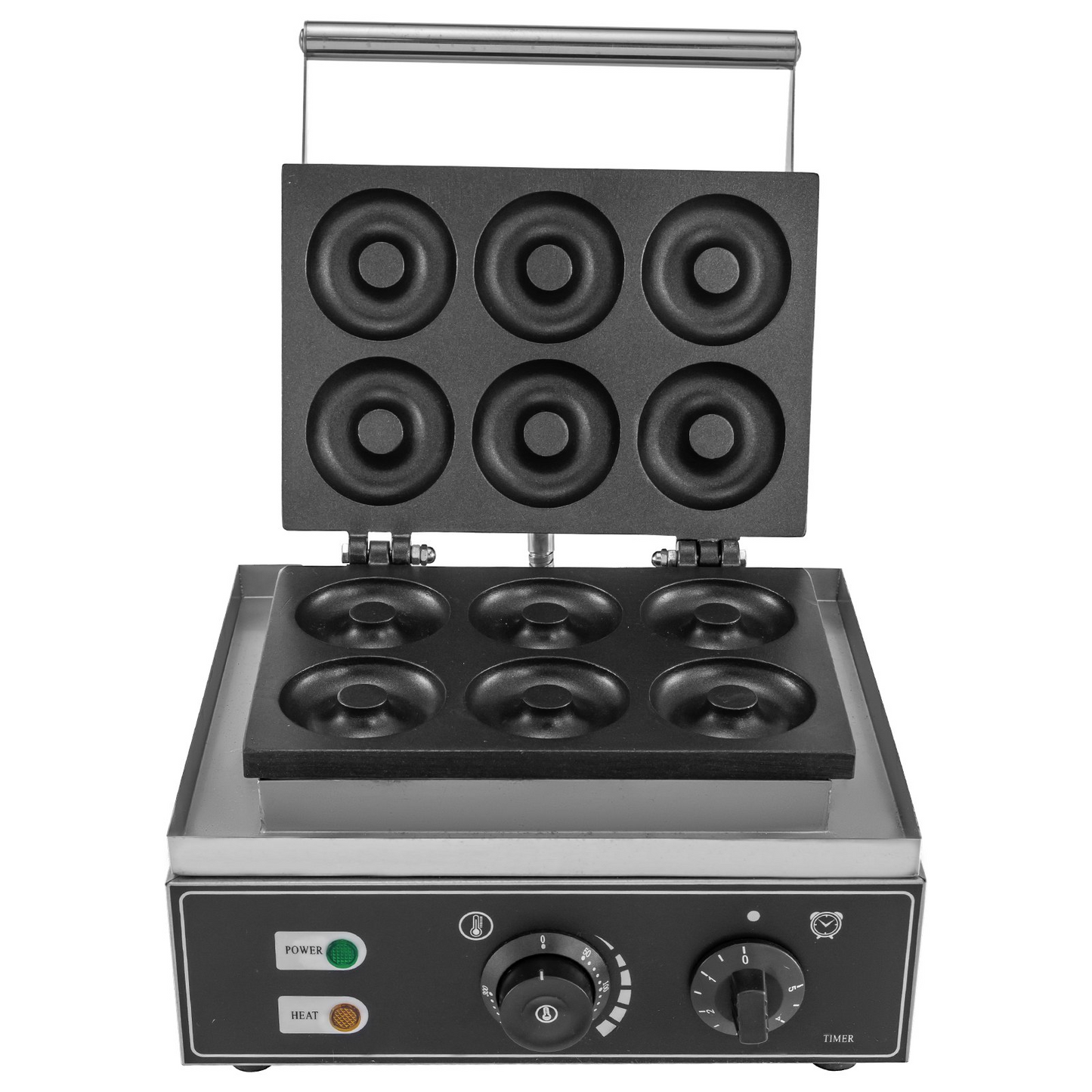 VEVOR 110V Commercial Waffle Donut Machine 6 Holes Double-Sided Heating 50-300℃, Electric Doughnut Maker 1550W, Non-stick Donut MakerTeflon-Coating for Professional Kitchen (Depth:0.55",Dia:2.95")