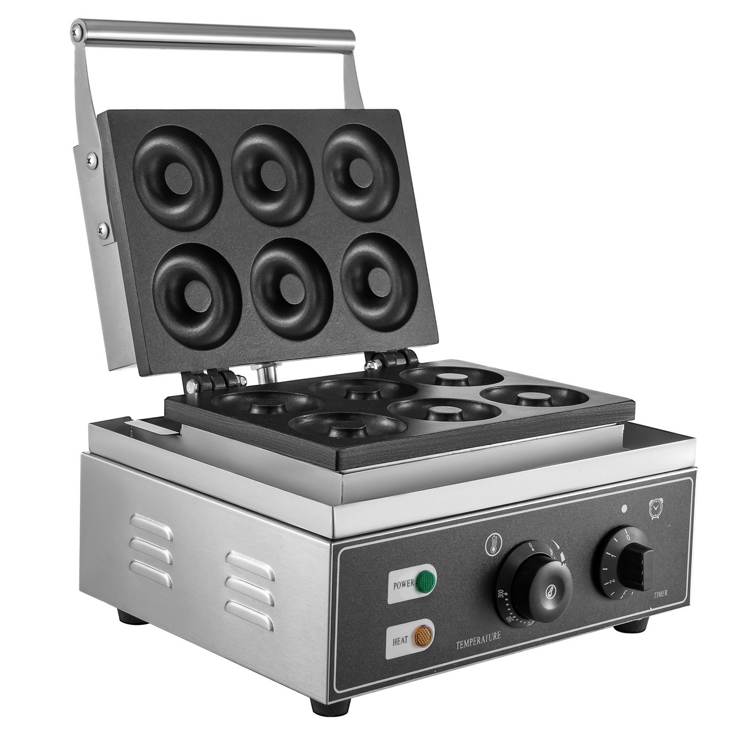 VEVOR 110V Commercial Waffle Donut Machine 6 Holes Double-Sided Heating 50-300℃, Electric Doughnut Maker 1550W, Non-stick Donut MakerTeflon-Coating for Professional Kitchen (Depth:0.55",Dia:2.95")