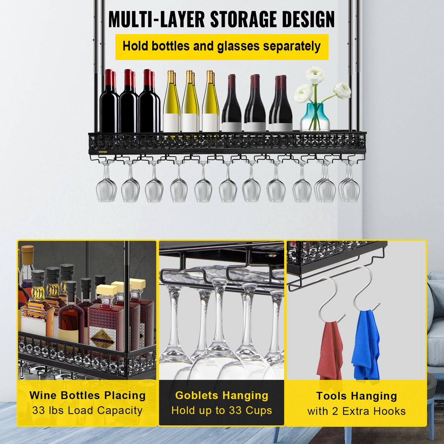 VEVOR Ceiling Wine Glass Rack, 46.9 x 13 inch Hanging Wine Glass Rack, 18.9-35.8 inch Height Adjustable Hanging Wine Rack Cabinet, Black Wall-Mounted Wine Glass Rack Perfect for Bar Cafe Kitchen