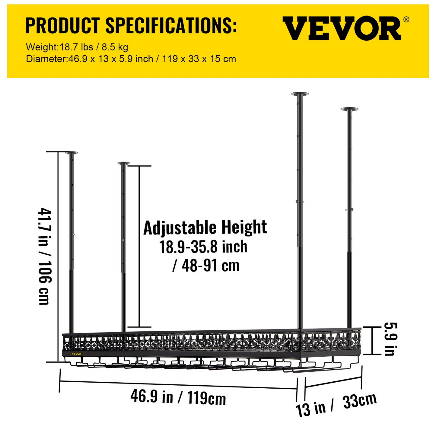 VEVOR Ceiling Wine Glass Rack, 46.9 x 13 inch Hanging Wine Glass Rack, 18.9-35.8 inch Height Adjustable Hanging Wine Rack Cabinet, Black Wall-Mounted Wine Glass Rack Perfect for Bar Cafe Kitchen