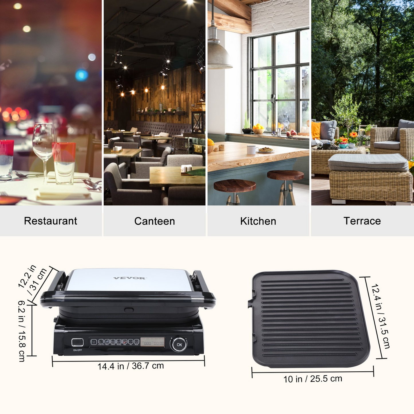 VEVOR 7 IN 1 Commercial Electric Griddle, 14.4" 1800W Indoor Countertop Grill, Stainless Steel Restaurant Teppanyaki Grill with Non Stick Iron Cooking Plate, 0-446℉ Adjustable Temp Control 110V