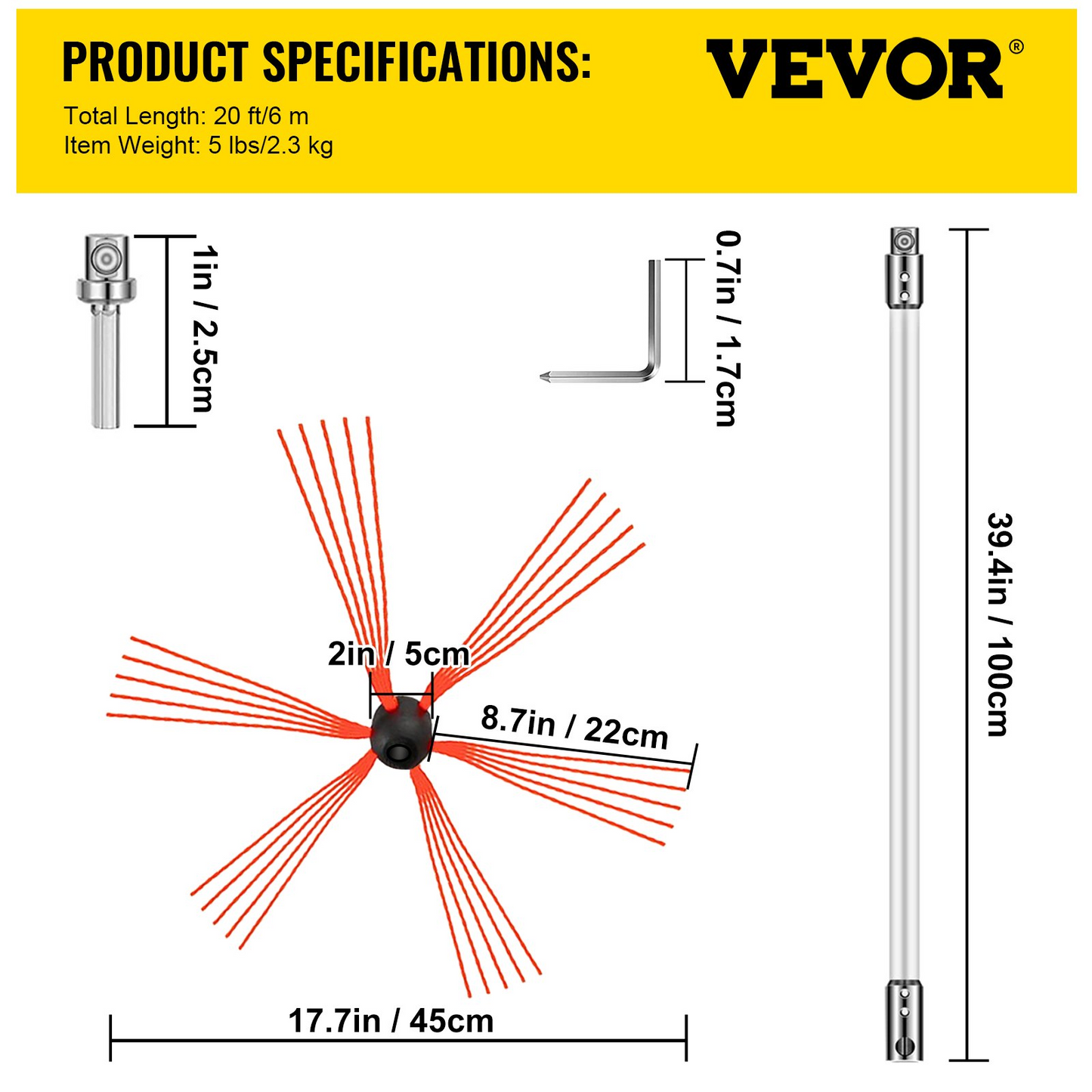 VEVOR Chimney Sweep Kit 20FT Length, Chimney Brush Kit with 6 Nylon Flexible Rods, Rotary Chimney Cleaning Kit Driven by Drill, Chimney Cleaning Tool Kits for Sweeping Fireplace Flue