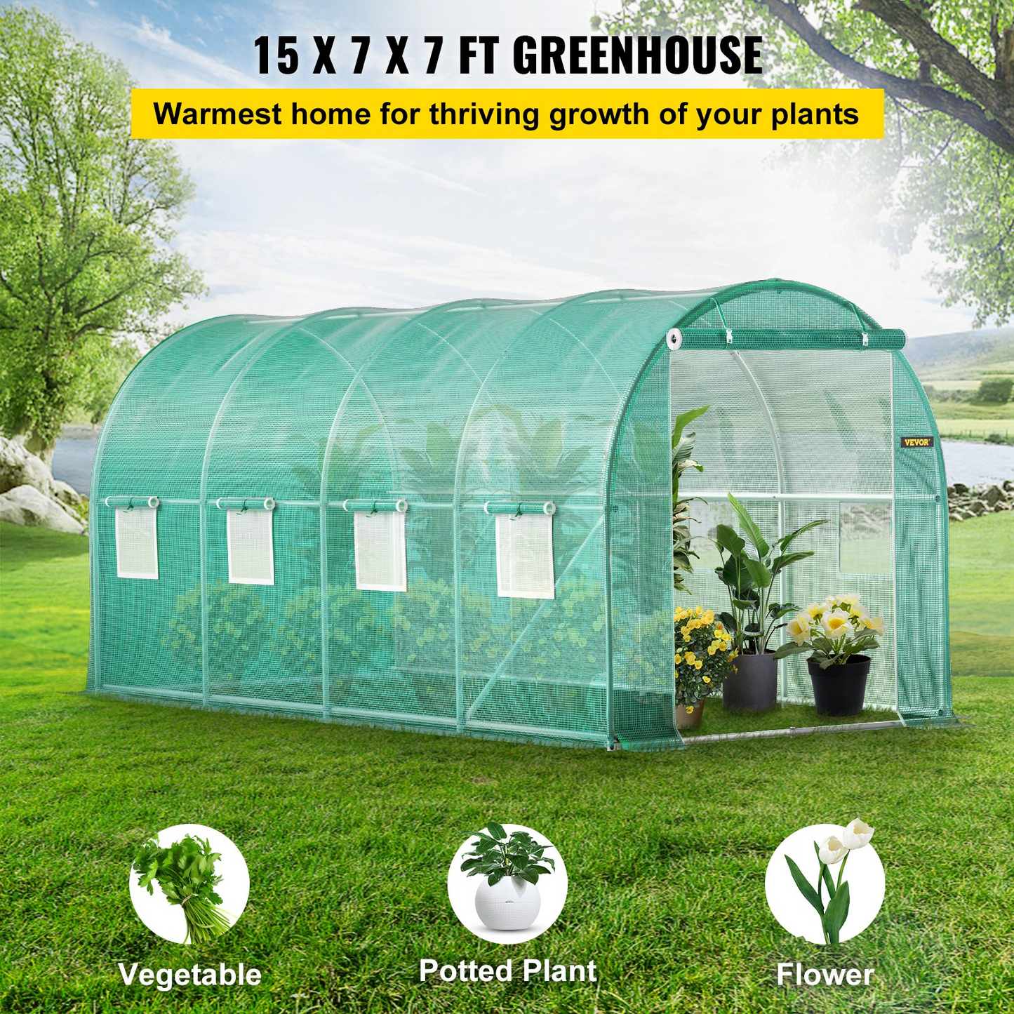 VEVOR Walk-in Tunnel Greenhouse, 14.8 x 6.6 x 6.6 ft Portable Plant Hot House w/ Galvanized Steel Hoops, 1 Top Beam, Diagonal Poles, Zippered Door & 8 Roll-up Windows, Green