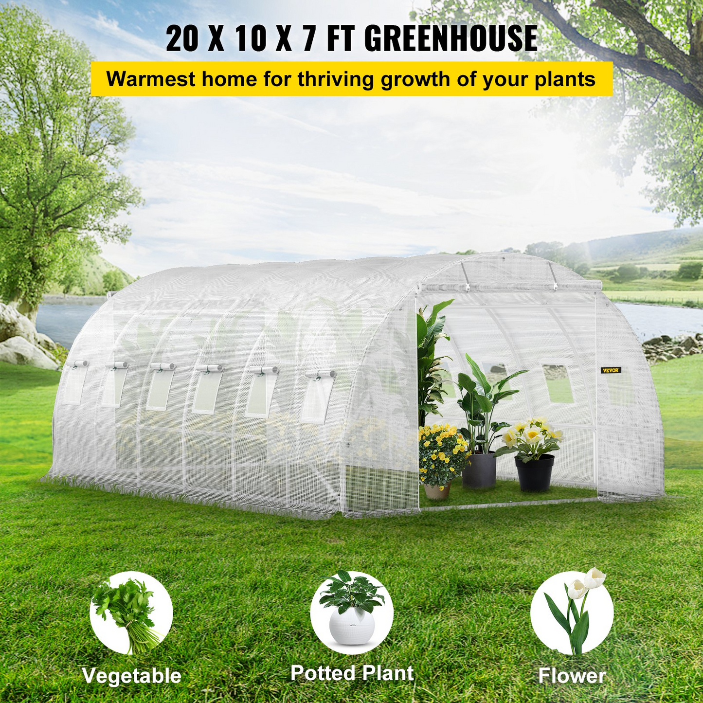 VEVOR Walk-in Tunnel Greenhouse, 20 x 10 x 7 ft Portable Plant Hot House w/ Galvanized Steel Hoops, 3 Top Beams, Diagonal Poles, 2 Zippered Doors & 12 Roll-up Windows, White