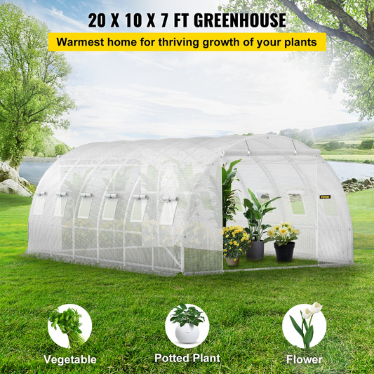 VEVOR Walk-in Tunnel Greenhouse, 20 x 10 x 7 ft Portable Plant Hot House w/ Galvanized Steel Hoops, 3 Top Beams, Diagonal Poles, 2 Zippered Doors & 12 Roll-up Windows, White