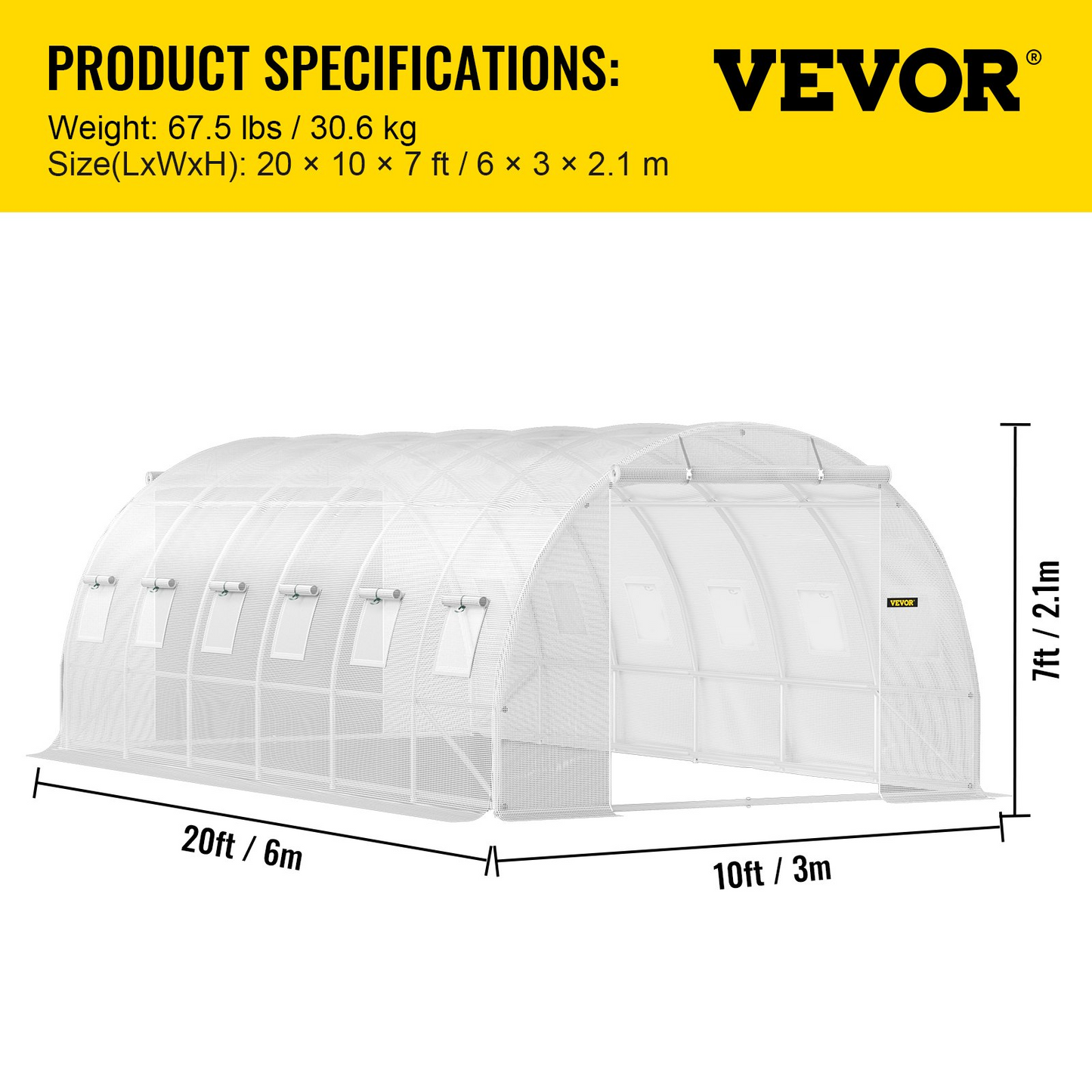 VEVOR Walk-in Tunnel Greenhouse, 20 x 10 x 7 ft Portable Plant Hot House w/ Galvanized Steel Hoops, 3 Top Beams, Diagonal Poles, 2 Zippered Doors & 12 Roll-up Windows, White