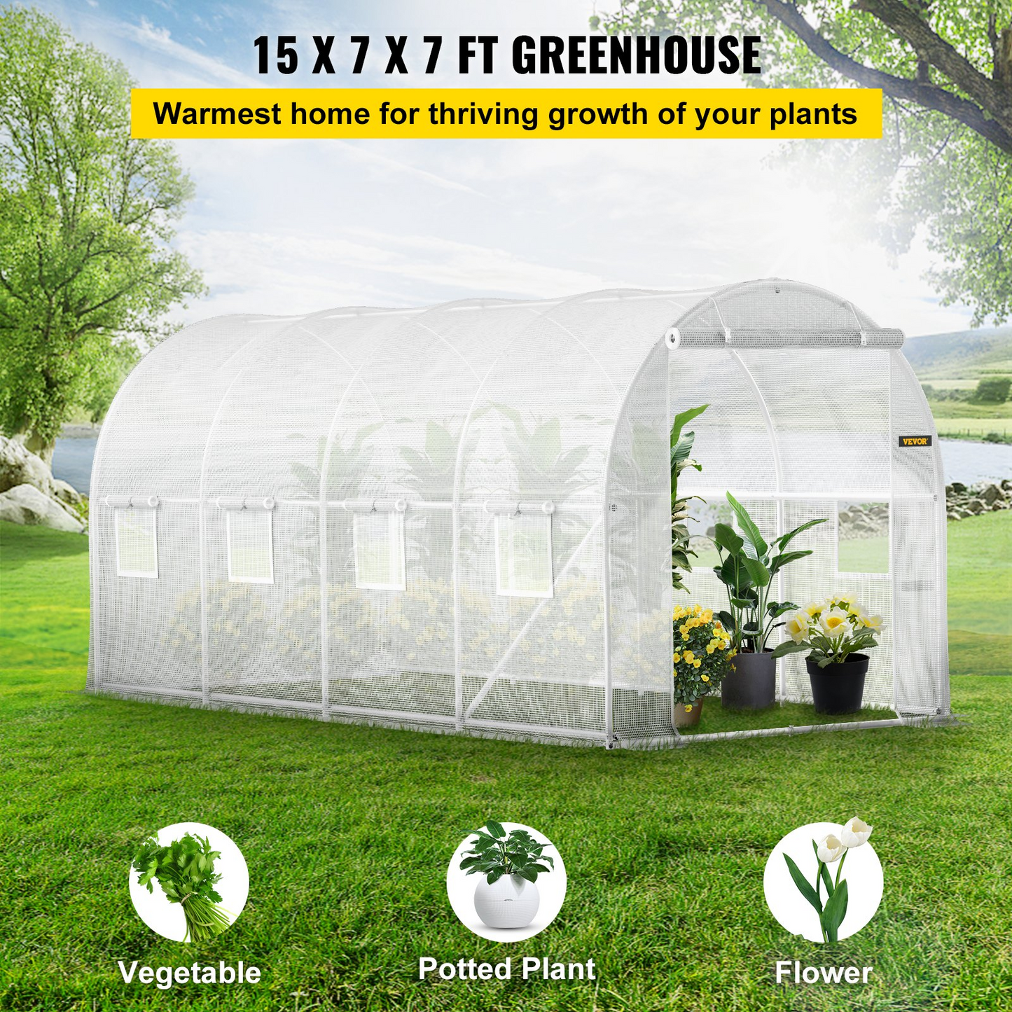 VEVOR Walk-in Tunnel Greenhouse, 15 x 6.5 x 7 ft Portable Plant Hot House w/ Galvanized Steel Hoops, 1 Top Beam, Diagonal Poles, Zippered Door & 8 Roll-up Windows, White