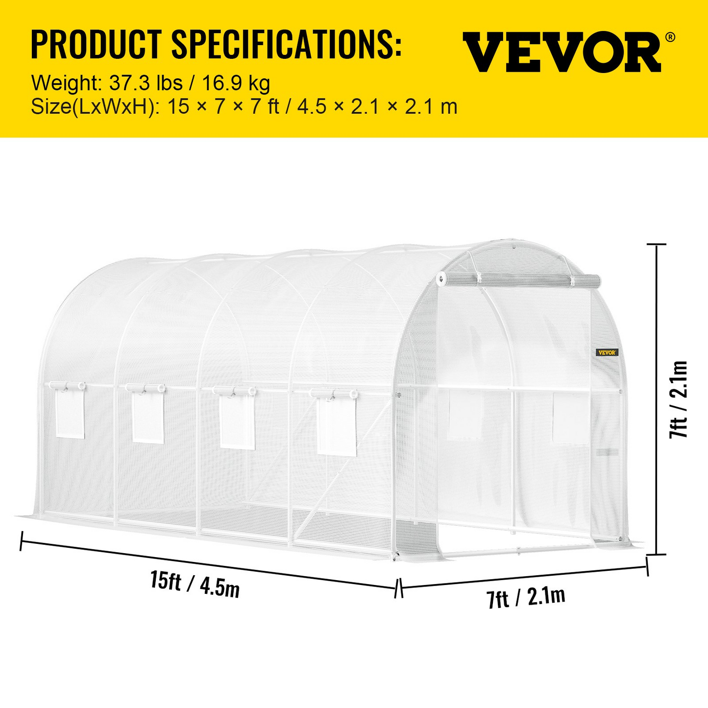 VEVOR Walk-in Tunnel Greenhouse, 15 x 6.5 x 7 ft Portable Plant Hot House w/ Galvanized Steel Hoops, 1 Top Beam, Diagonal Poles, Zippered Door & 8 Roll-up Windows, White