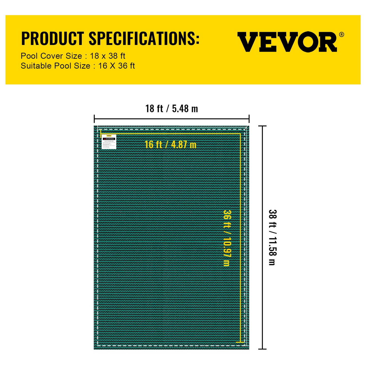 VEVOR Pool Safety Cover, Inground Pool Cover Fit for PP Material, Rectangle Inground Safety Pool Cover Green, Mesh Solid Pool Safety Cover for Swimming Pool Winter Safety Cover (16x36 ft)