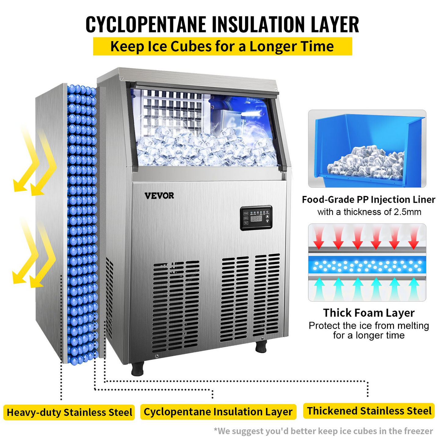 VEVOR 110V Commercial Ice Maker 65LBS/24H with 24LBS Bin, Full Heavy Duty Stainless Steel Construction, Automatic Operation, Clear Cube for Home Bar, Include Water Filter, Scoop, Connection Hose